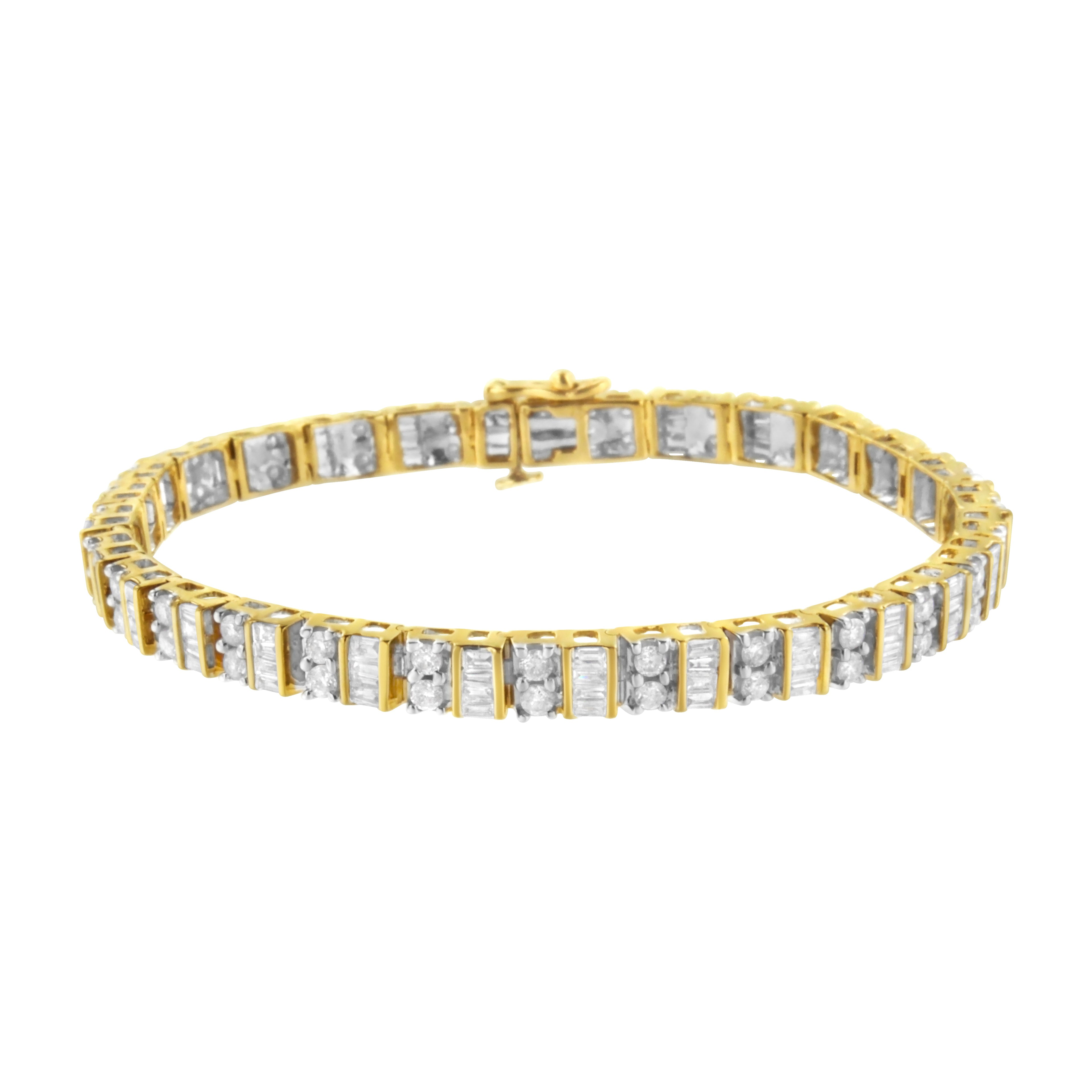 10K Yellow Gold 4.0 Carat Total Weight Alternating Baguette & Round Cut Diamond Bezel- & Prong-Set 7" Tennis Bracelet (G-H Color, SI1-SI2 Clarity)