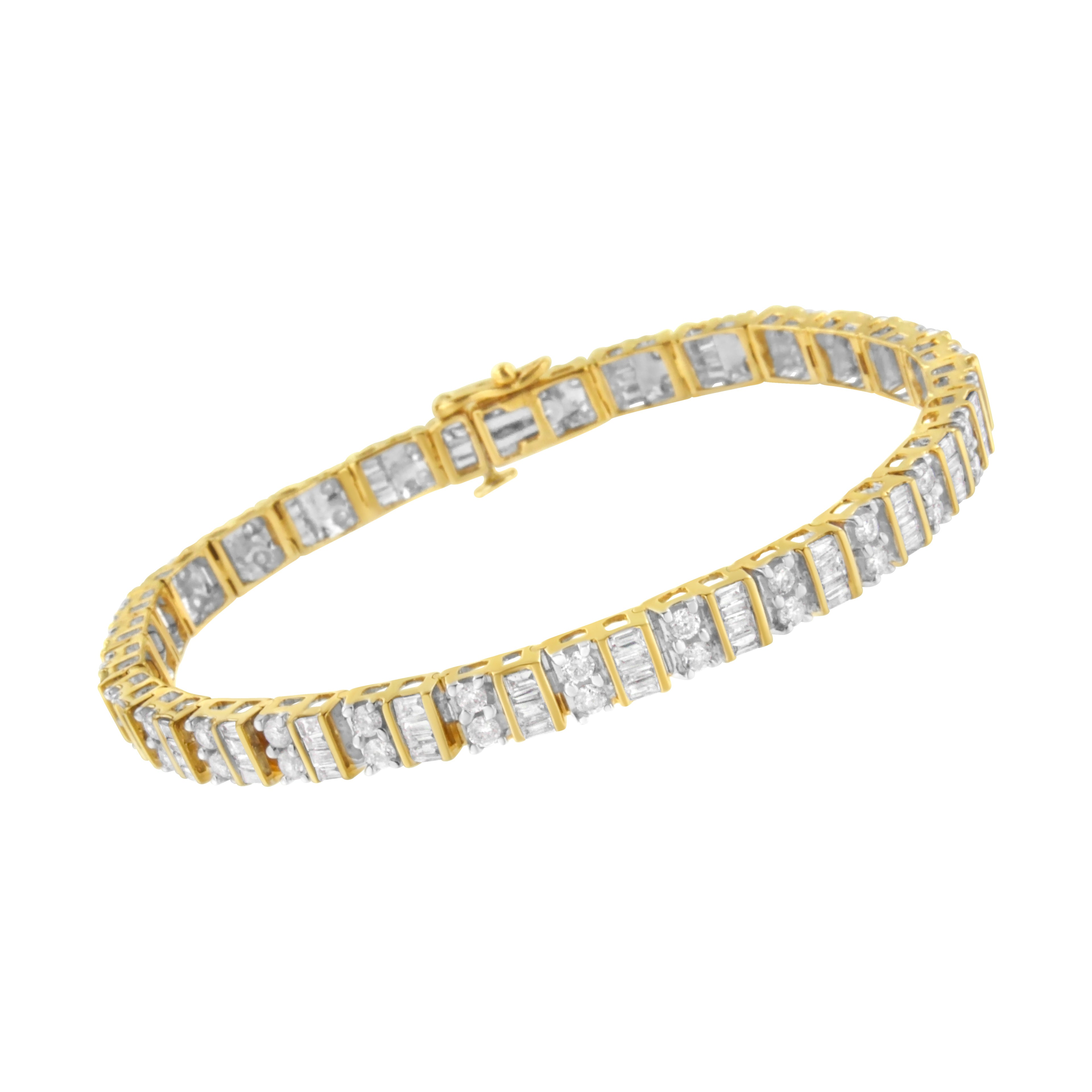 10K Yellow Gold 4.0 Carat Total Weight Alternating Baguette & Round Cut Diamond Bezel- & Prong-Set 7" Tennis Bracelet (G-H Color, SI1-SI2 Clarity)