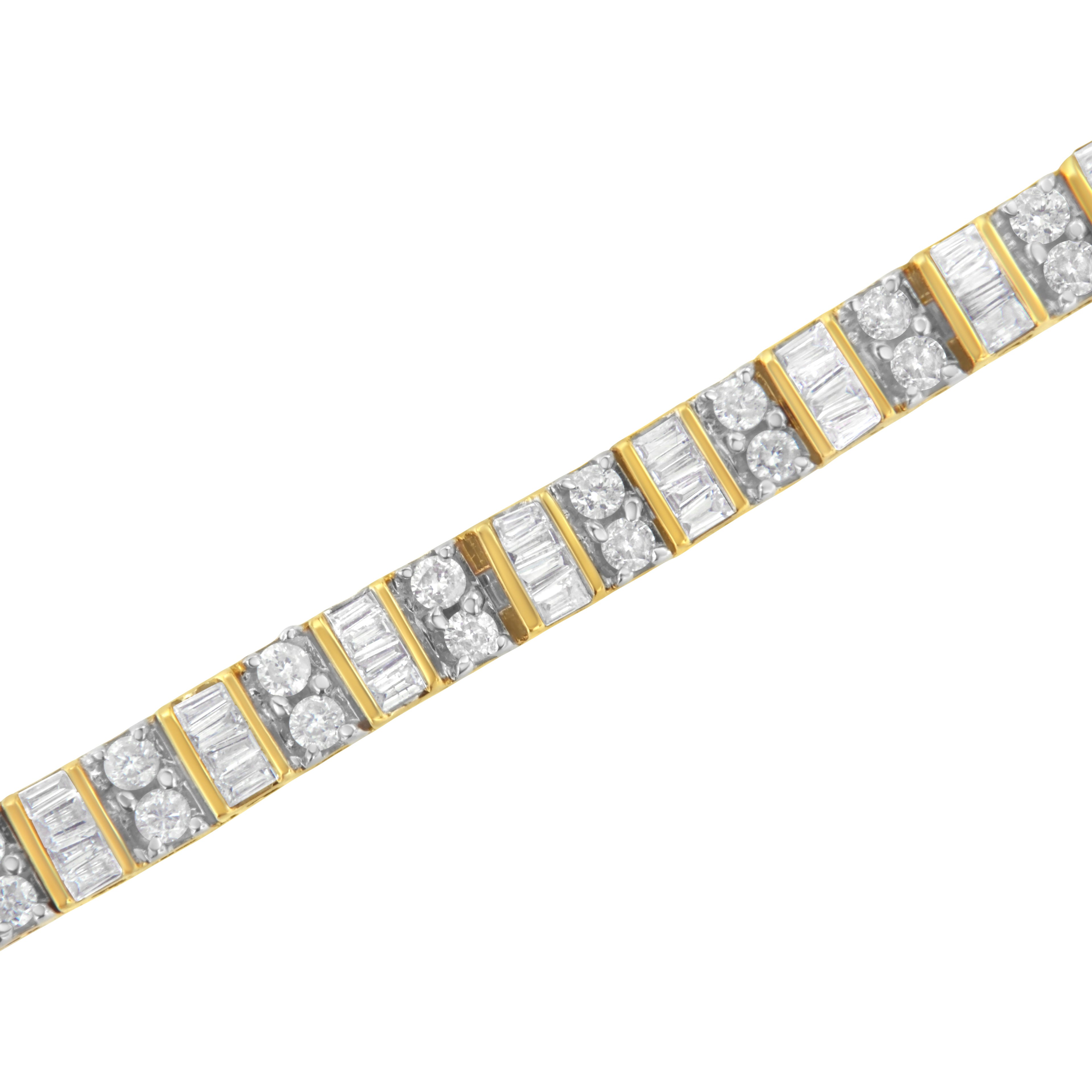 10K Yellow Gold 4.0 Carat Total Weight Alternating Baguette & Round Cut Diamond Bezel- & Prong-Set 7" Tennis Bracelet (G-H Color, SI1-SI2 Clarity)