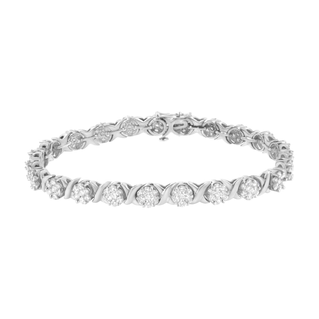 14K White Gold 4 7/8 Carat Total Weight Round Brilliant-Cut Diamond Round Cluster & X-Link 7" Tennis Bracelet (I-J Color, SI2-I1 Clarity)