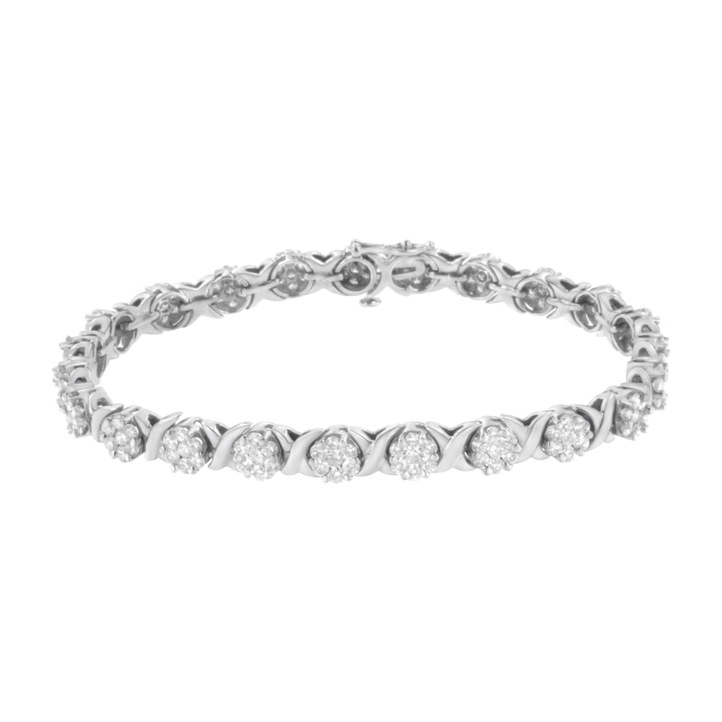 14K White Gold 4 7/8 Carat Total Weight Round Brilliant-Cut Diamond Round Cluster & X-Link 7" Tennis Bracelet (I-J Color, SI2-I1 Clarity)