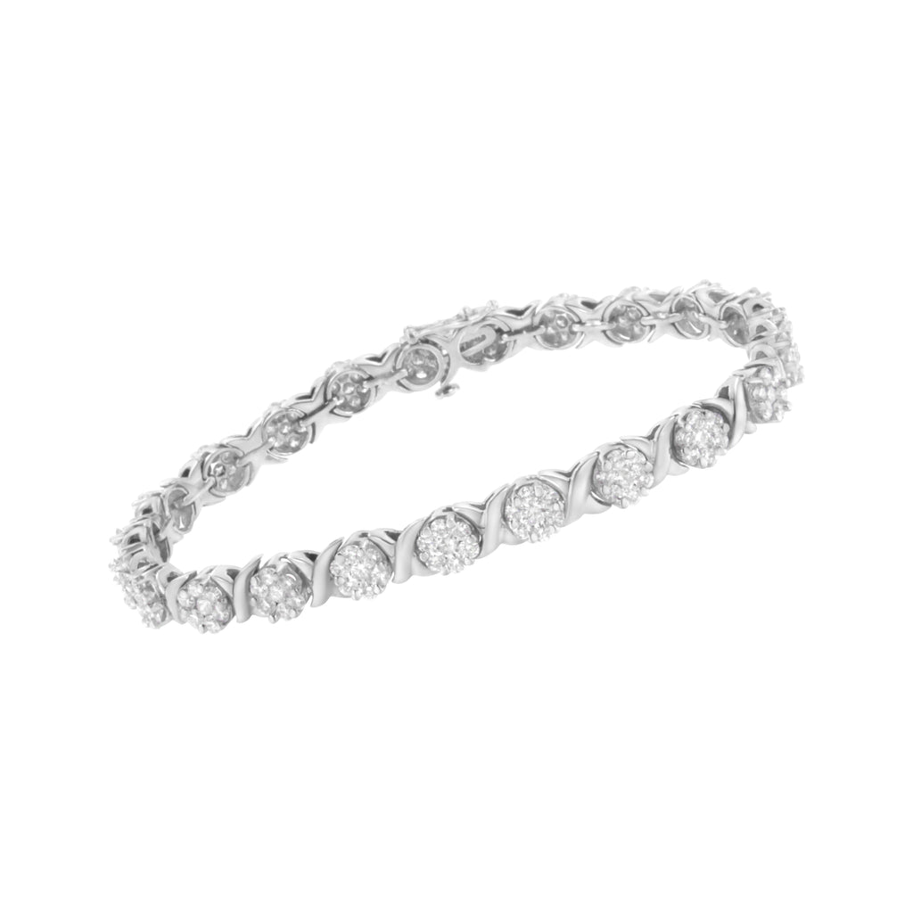 14K White Gold 4 7/8 Carat Total Weight Round Brilliant-Cut Diamond Round Cluster & X-Link 7" Tennis Bracelet (I-J Color, SI2-I1 Clarity)