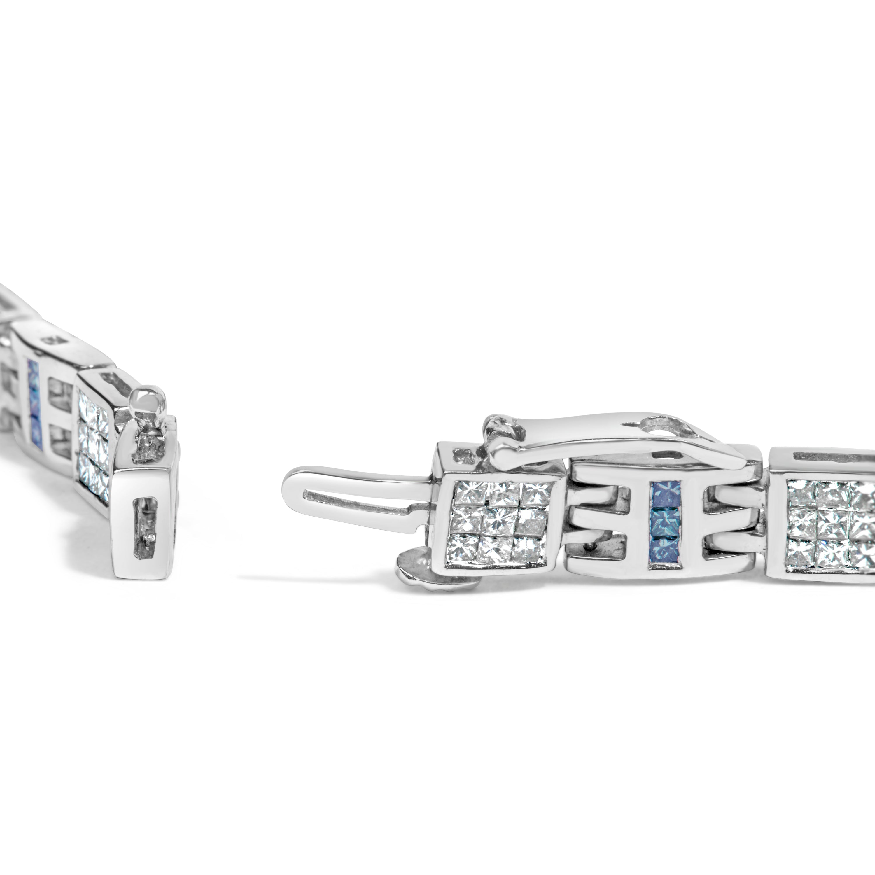 14K White Gold Princess-Cut White and Blue Diamond 3.00 cttw Fashion Link Bracelet (H-I Color, SI1-SI2 Clarity)
