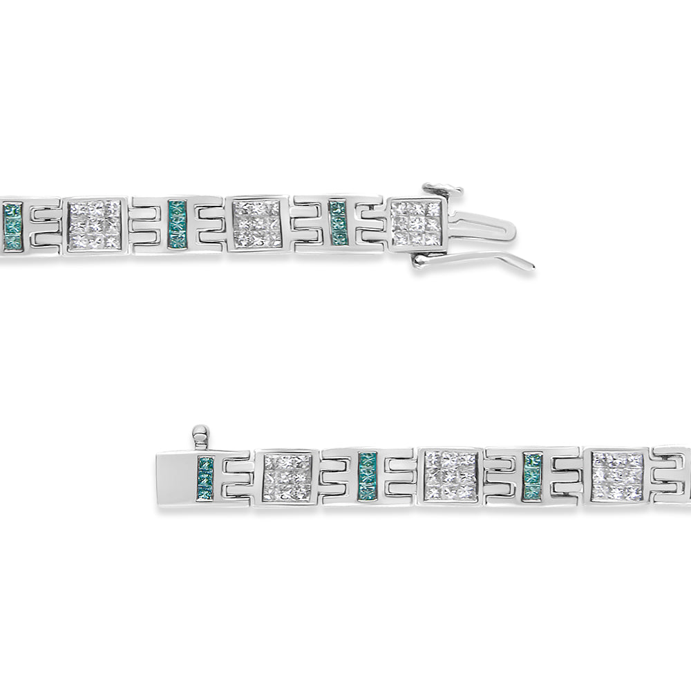 14K White Gold Princess-Cut White and Blue Diamond 3.00 cttw Fashion Link Bracelet (H-I Color, SI1-SI2 Clarity)