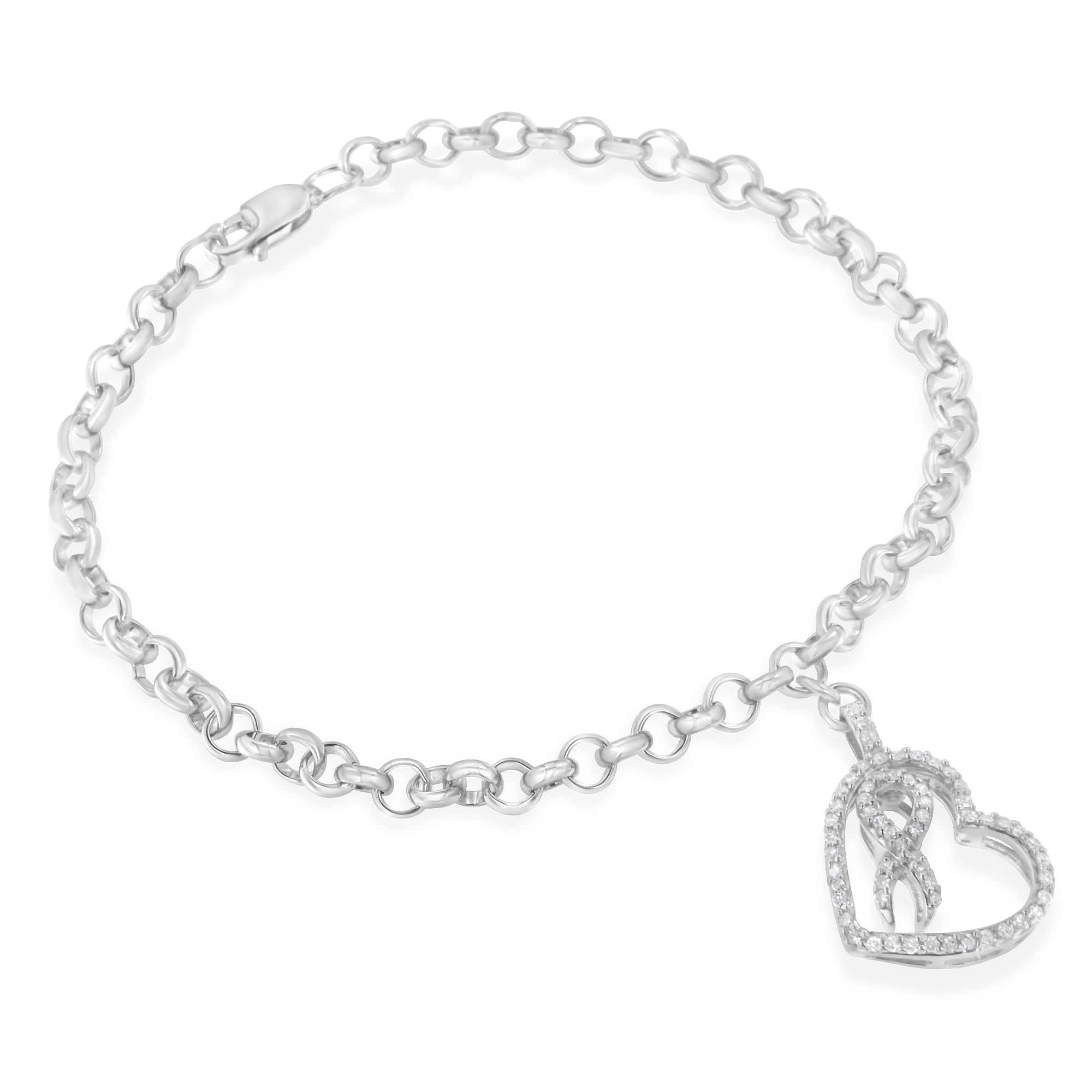 .925 Sterling Silver 1/4 Carat Total Weight Diamond-Accented Heart and Ribbon Charm 7" Link Chain Bracelet (H-I Color, I1-I2 Clarity)