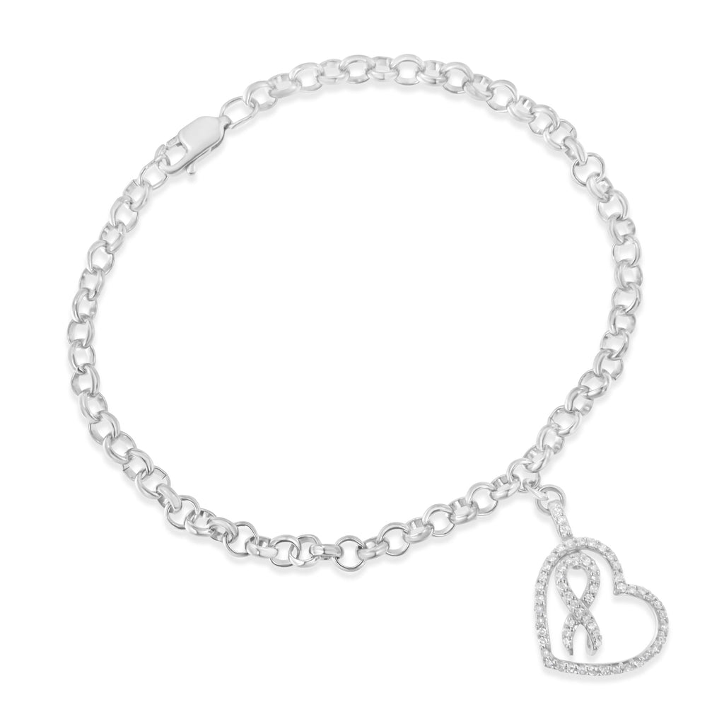 .925 Sterling Silver 1/4 Carat Total Weight Diamond-Accented Heart and Ribbon Charm 7" Link Chain Bracelet (H-I Color, I1-I2 Clarity)