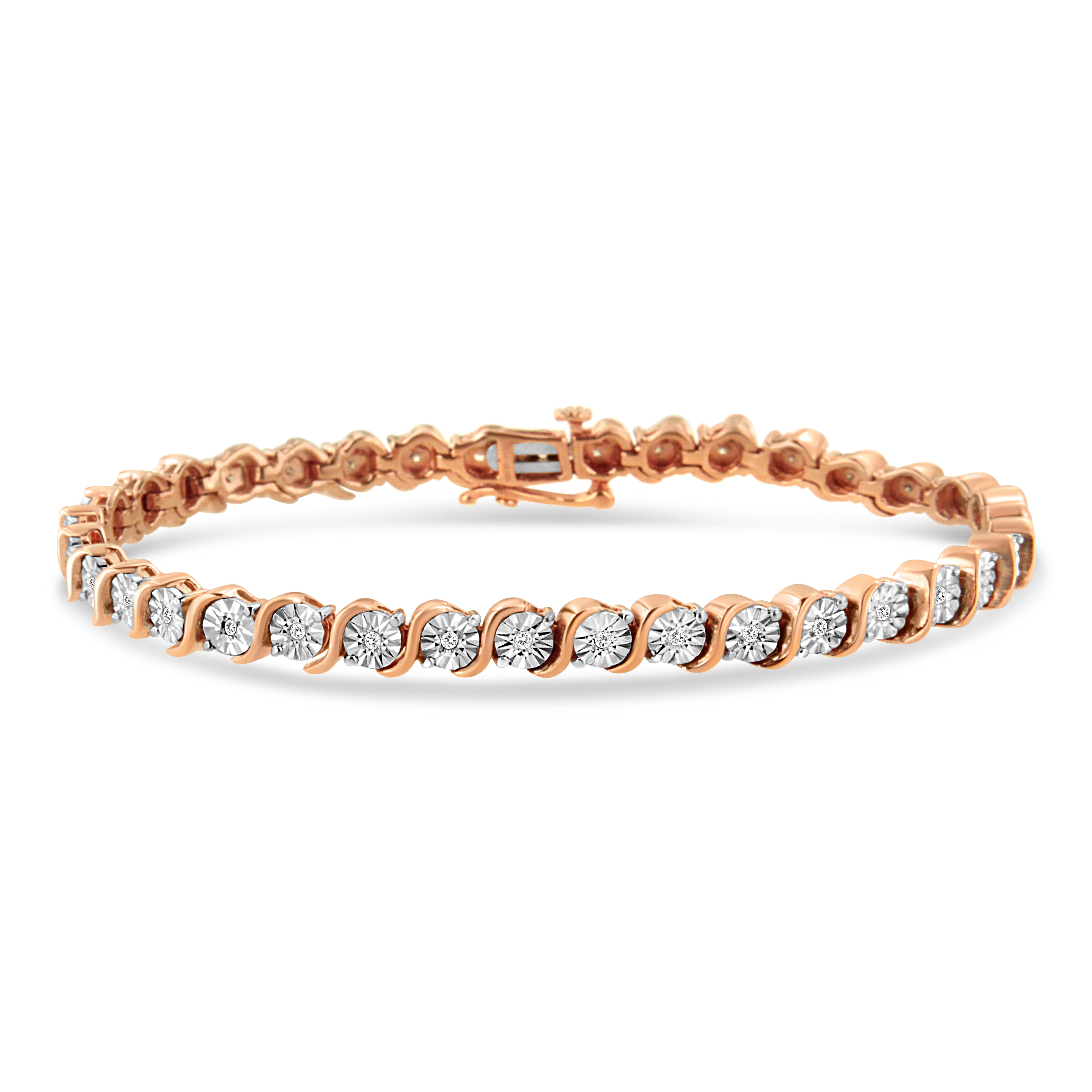 14K Rose Gold Plated .925 Sterling Silver 1/4 Carat Total Weight Diamond Round Miracle Plate and "S" Link Tennis Bracelet (I-J Color, I2- I3 Clarity) - 7"