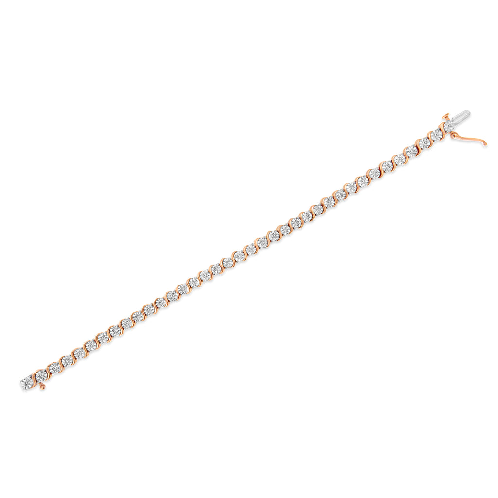 14K Rose Gold Plated .925 Sterling Silver 1/4 Carat Total Weight Diamond Round Miracle Plate and "S" Link Tennis Bracelet (I-J Color, I2- I3 Clarity) - 7"