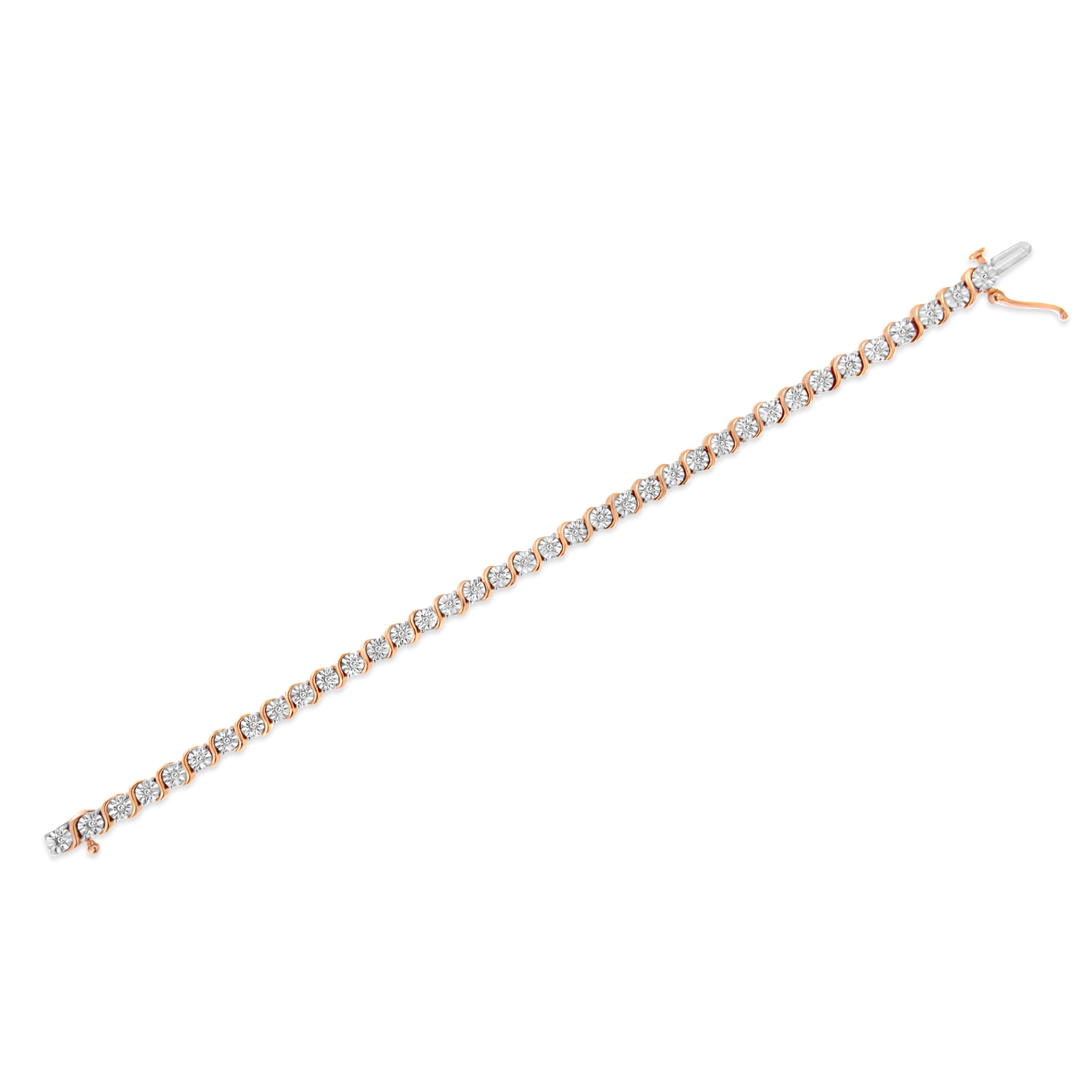 14K Rose Gold Plated .925 Sterling Silver 1/4 Carat Total Weight Diamond Round Miracle Plate and "S" Link Tennis Bracelet (I-J Color, I2- I3 Clarity) - 7"