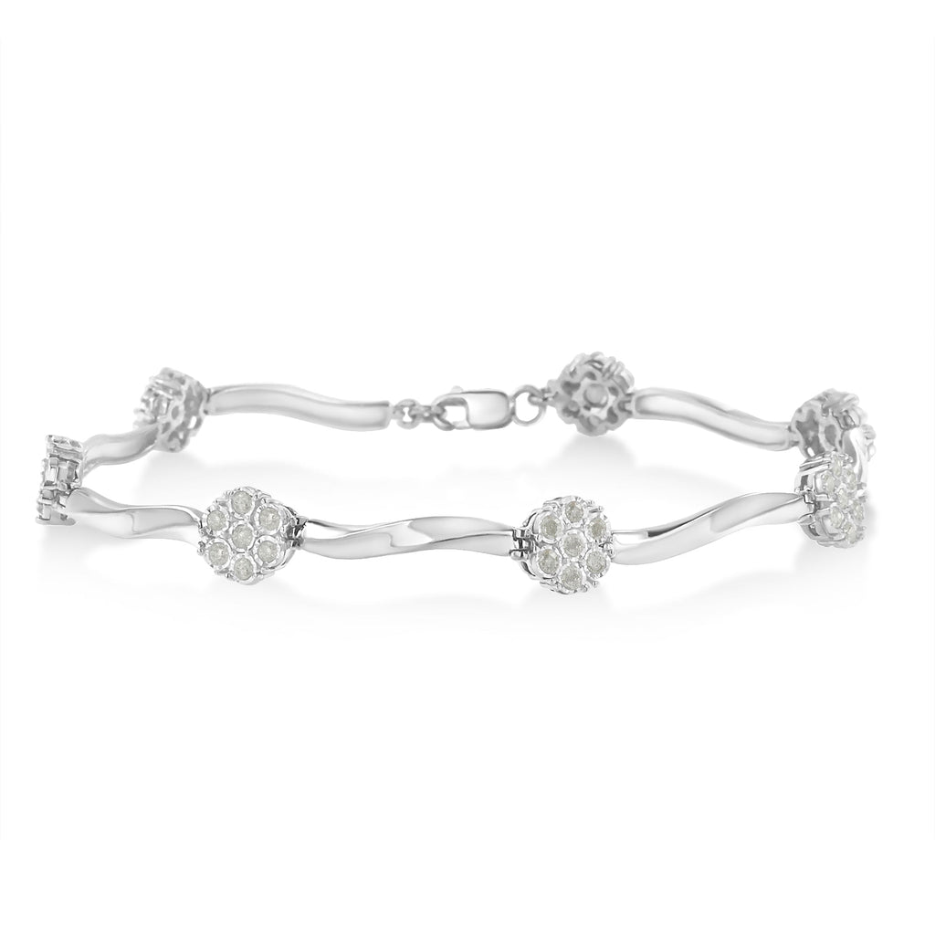 .925 Sterling Silver 1/4 Carat Total Weight Diamond Cluster Miracle-Set Station & Twisted Bar 7" Tennis Bracelet (H-I Color, I2-I3 Clarity)