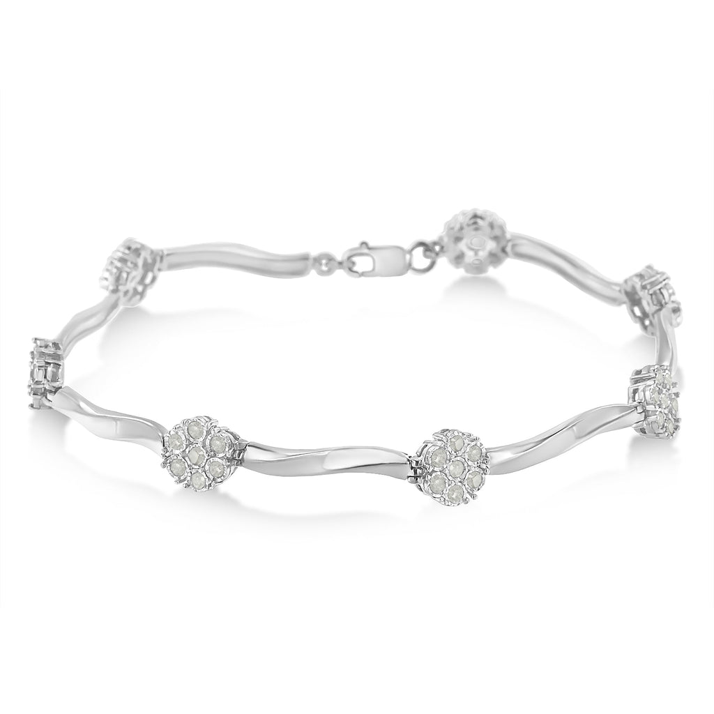 .925 Sterling Silver 1/4 Carat Total Weight Diamond Cluster Miracle-Set Station & Twisted Bar 7" Tennis Bracelet (H-I Color, I2-I3 Clarity)