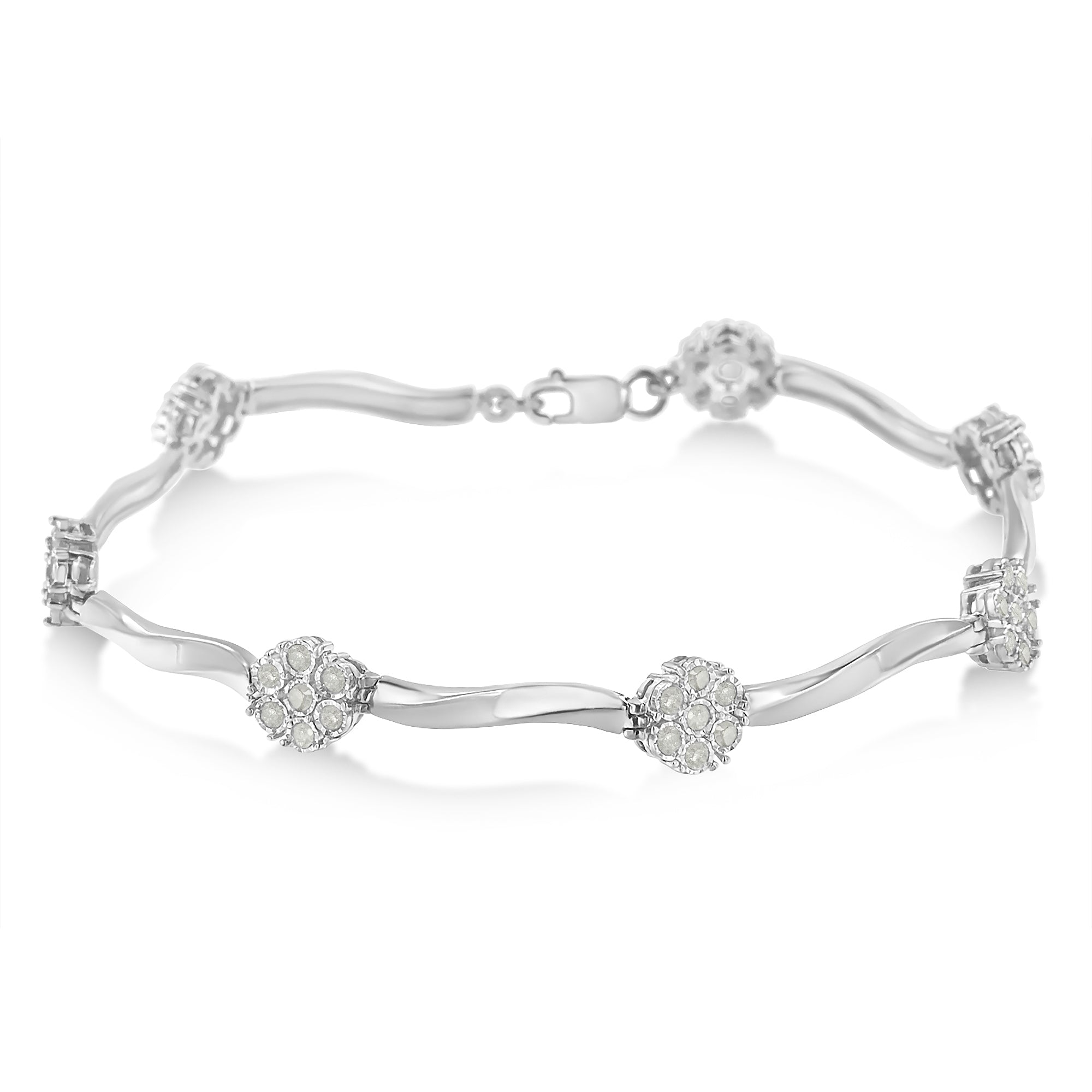 .925 Sterling Silver 1/4 Carat Total Weight Diamond Cluster Miracle-Set Station & Twisted Bar 7" Tennis Bracelet (H-I Color, I2-I3 Clarity)