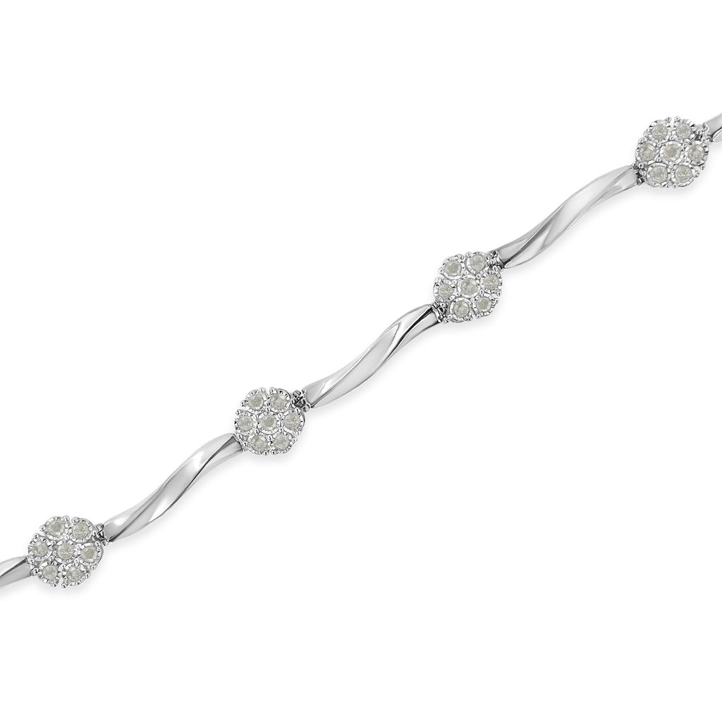 .925 Sterling Silver 1/4 Carat Total Weight Diamond Cluster Miracle-Set Station & Twisted Bar 7" Tennis Bracelet (H-I Color, I2-I3 Clarity)