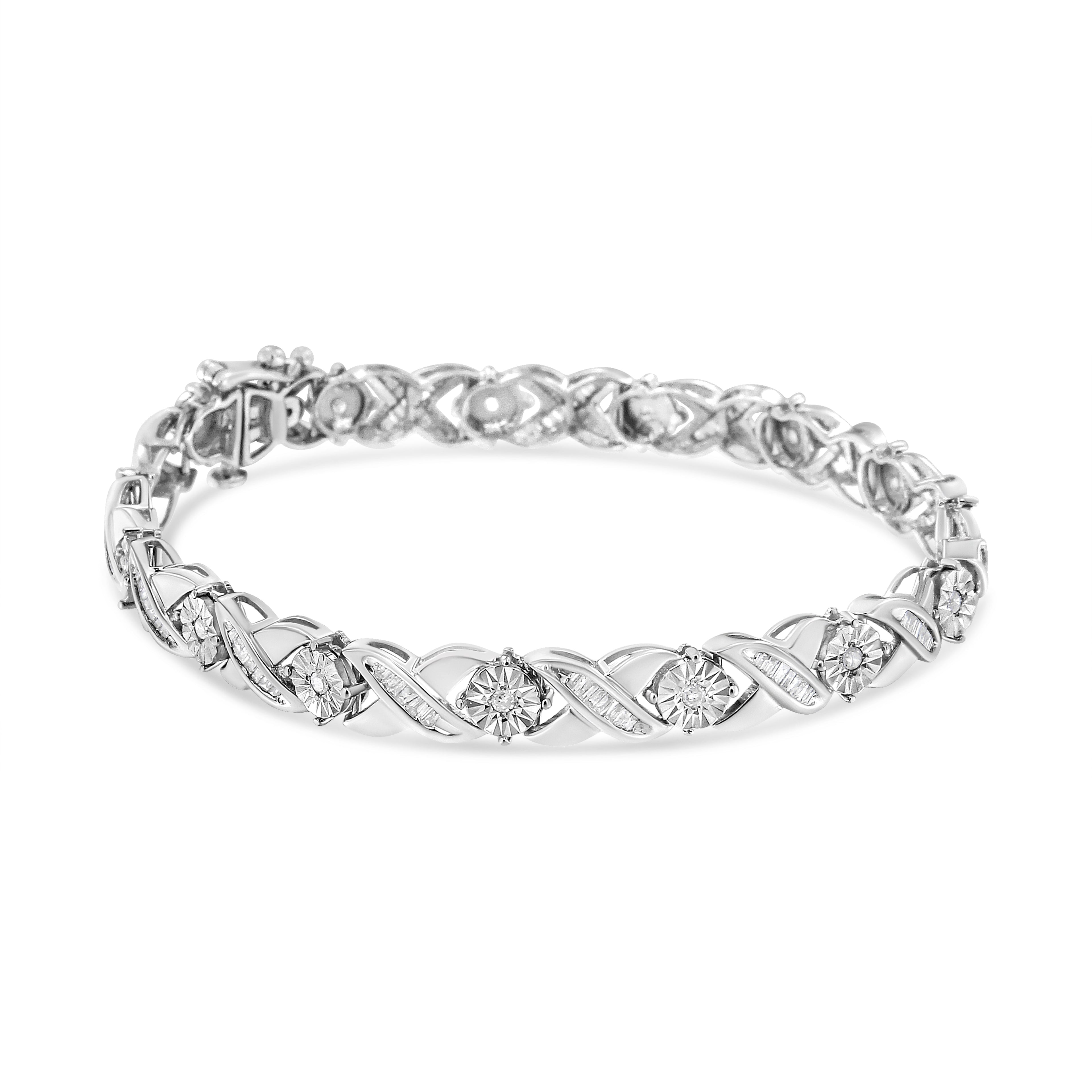 .925 Sterling Silver 1.0 Cttw Round-Brilliant and Baguette Cut Diamond Miracle-Set X-Link 7" Tennis Bracelet (I-J Color, I2-I3 Clarity)
