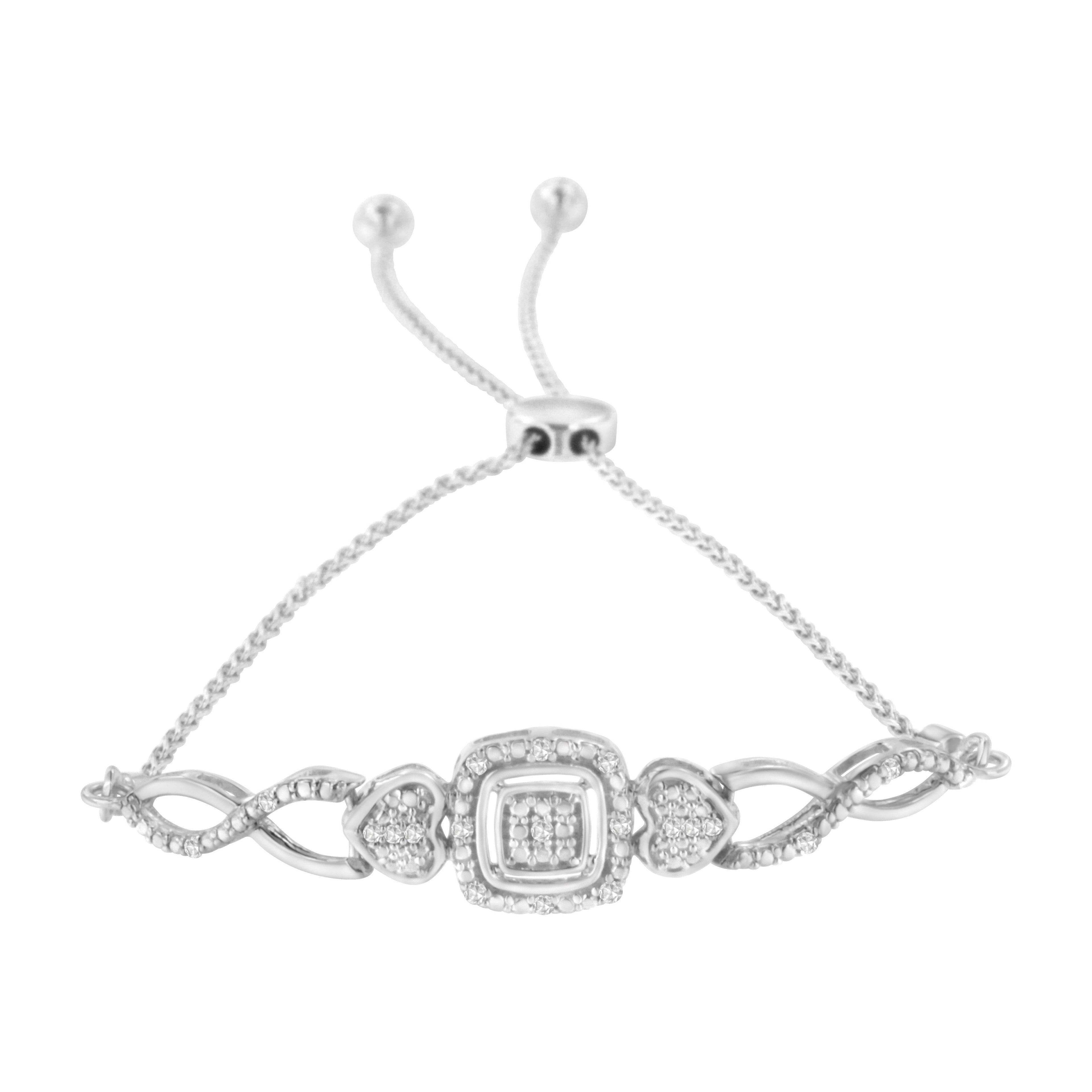 .925 Sterling Silver Diamond Cushion Frame Heart-Sides Twist 4"-10" Adjustable Bolo Tennis Bolo Bracelet (I-J Color, I3 Clarity)