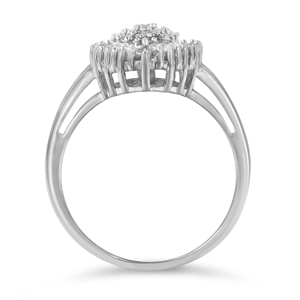 10K White Gold 1/2 Cttw Round & Baguette Cut Diamond Pear Shaped Domed Pavé Cluster with Halo Cocktail Ring (H-I Color, SI1-SI2 Clarity) - Size 5