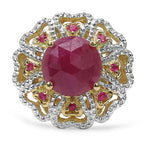 Anillo de plata de ley .925 con baño de oro amarillo de 14 quilates, con zafiro rosa, rubí y diamante blanco de 5.56 quilates