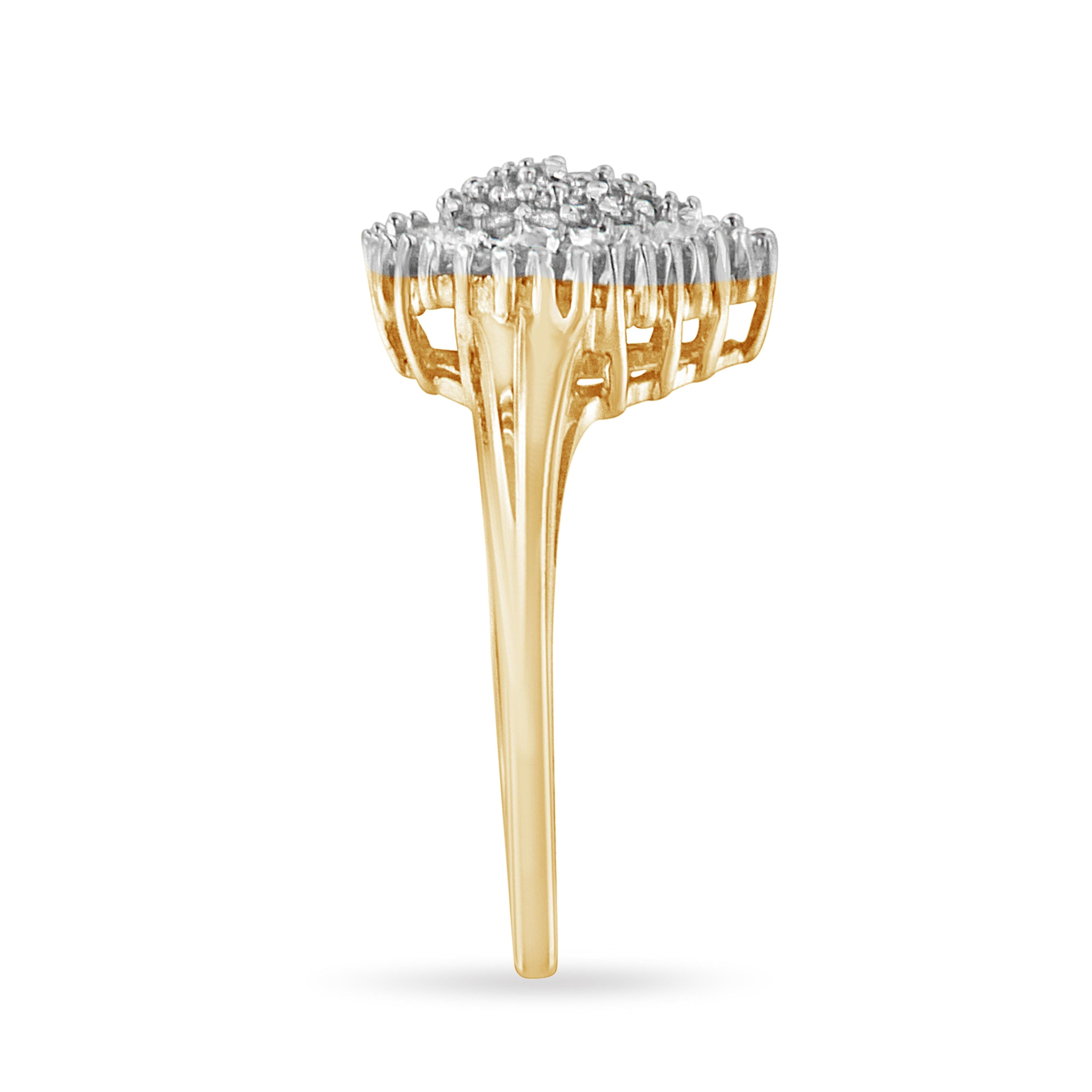 10K Yellow Gold 1/2 Carat Total Weight Round & Baguette Cut Diamond Pear Shaped Domed Pavé Cluster with Halo Cocktail Ring (J-K Color, I1-I2 Clarity) - Size 4-1/4