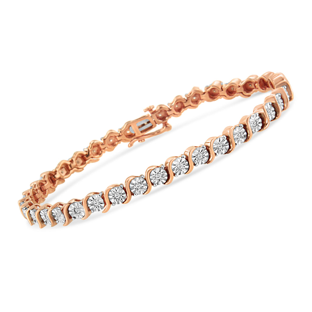 14K Rose Gold Plated .925 Sterling Silver 1/4 Carat Total Weight Diamond Round Miracle Plate and "S" Link Tennis Bracelet (I-J Color, I2- I3 Clarity) - 7"
