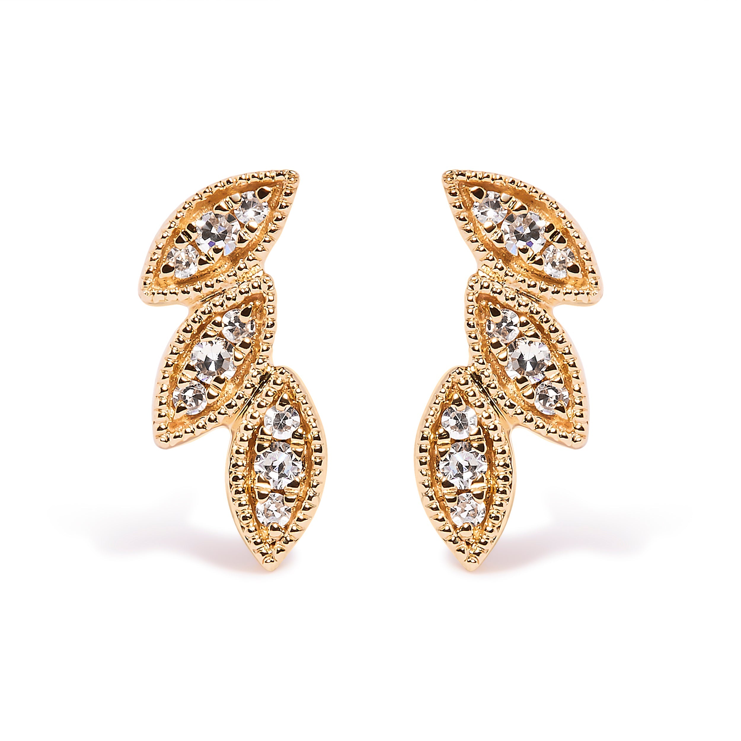 10K Yellow Gold 1/10 Cttw Diamond Triple Leaf Stud Earrings (H-I Color, I1-I2 Clarity)