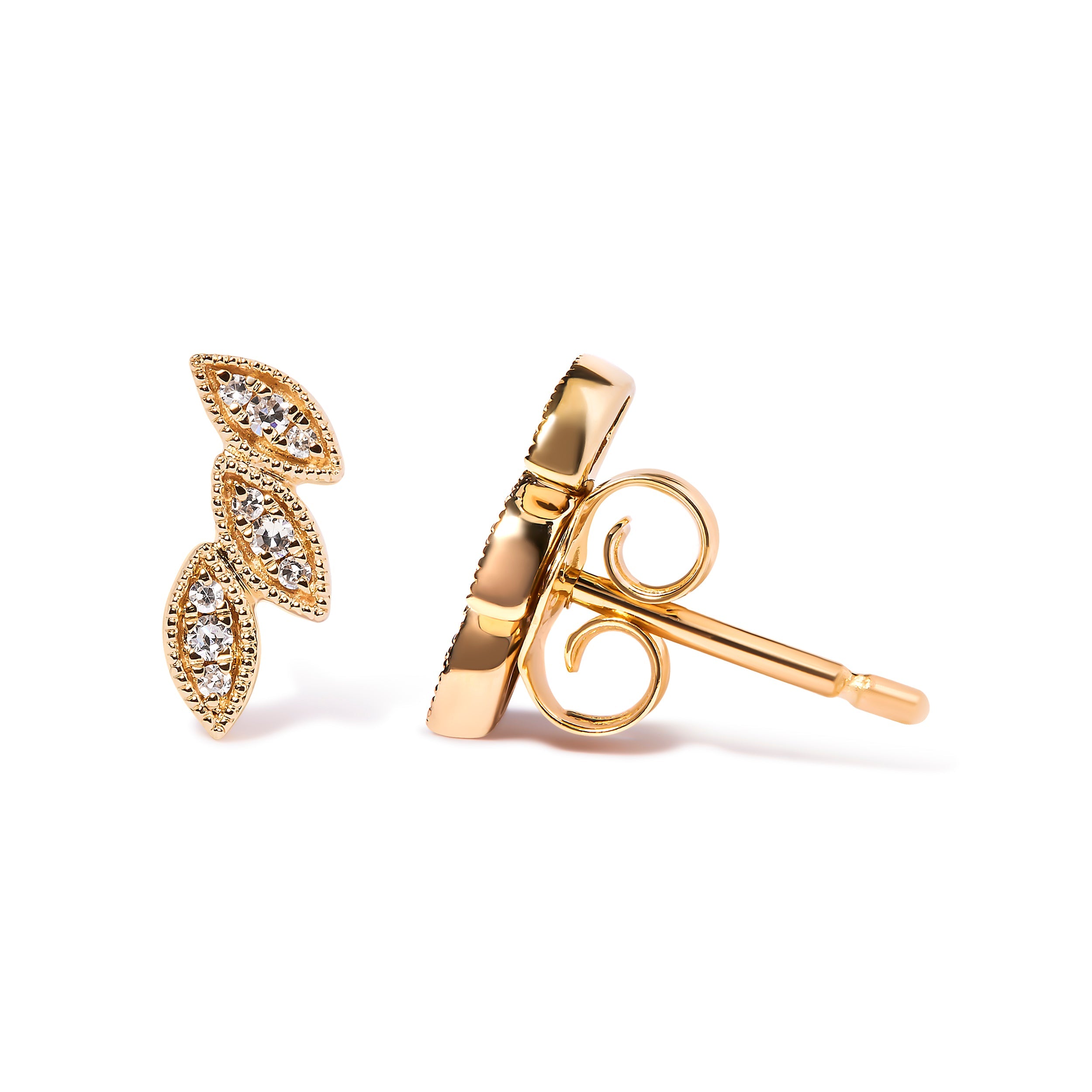 10K Yellow Gold 1/10 Cttw Diamond Triple Leaf Stud Earrings (H-I Color, I1-I2 Clarity)