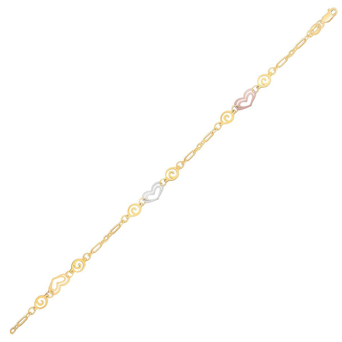 14k Tri-Color Gold Anklet with Multi-Color Heart Stations