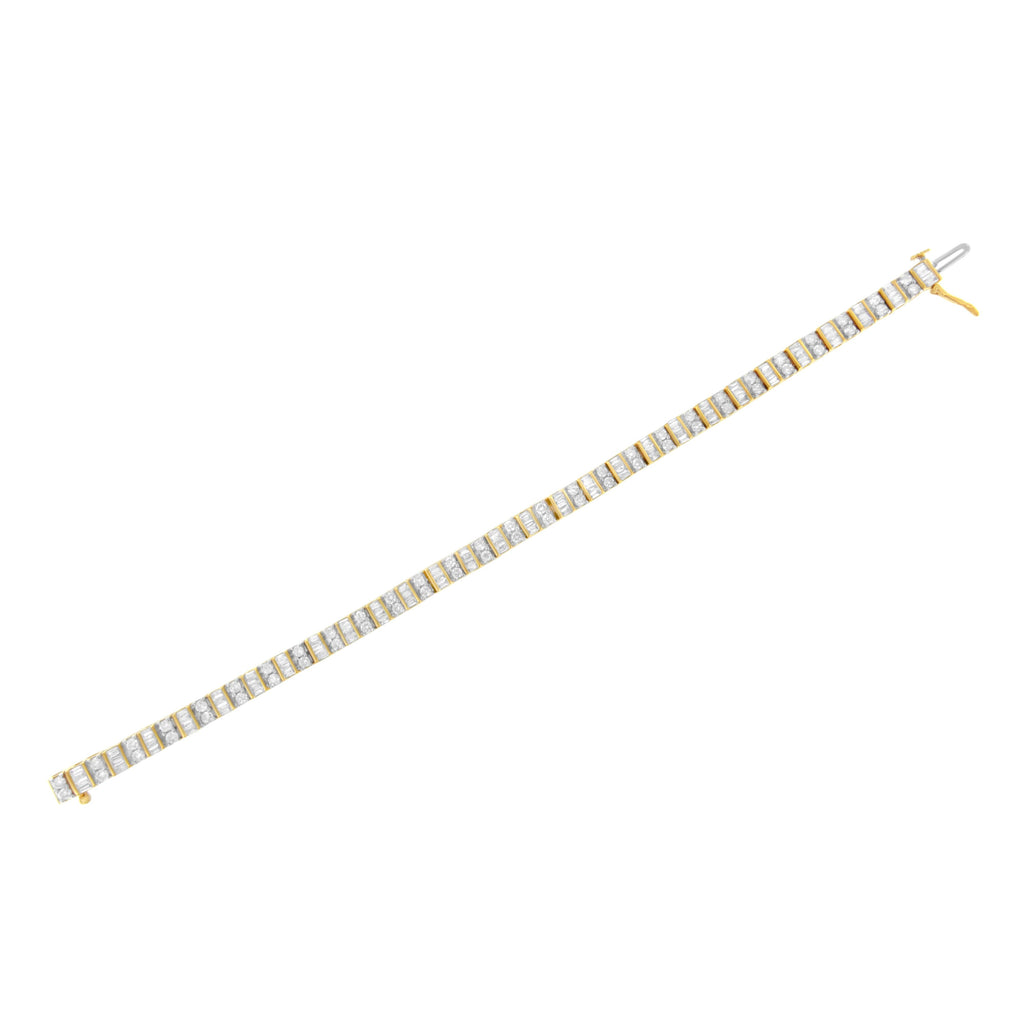 10K Yellow Gold 4.0 Carat Total Weight Alternating Baguette & Round Cut Diamond Bezel- & Prong-Set 7" Tennis Bracelet (G-H Color, SI1-SI2 Clarity)