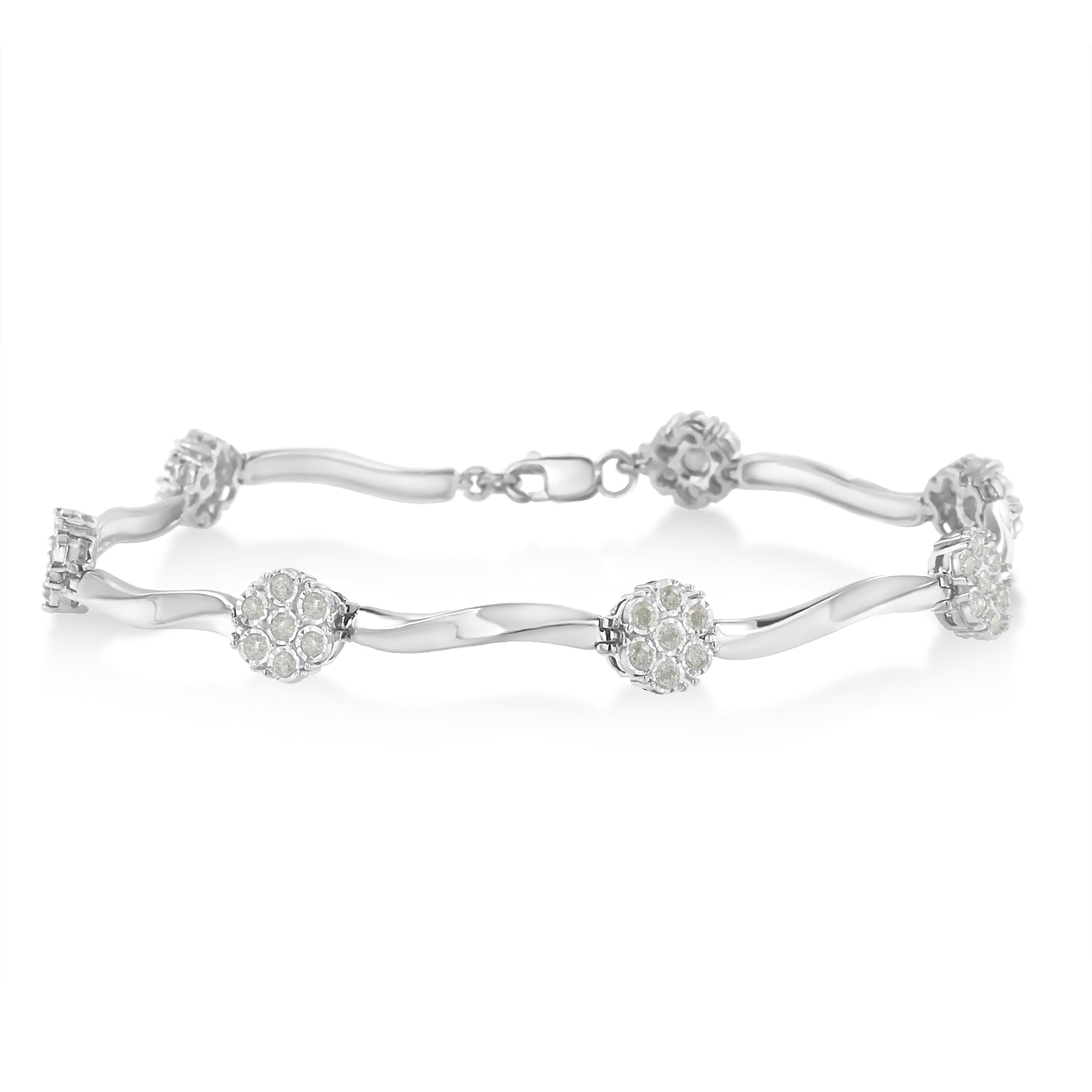.925 Sterling Silver 1/4 Carat Total Weight Diamond Cluster Miracle-Set Station & Twisted Bar 7" Tennis Bracelet (H-I Color, I2-I3 Clarity)