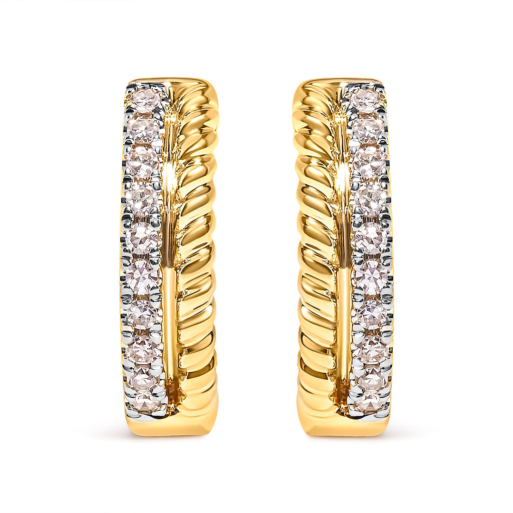 10K Yellow Gold 1/10 Cttw Diamond and Rope Twist Huggie Hoop Earrings (H-I Color, I1-I2 Clarity)
