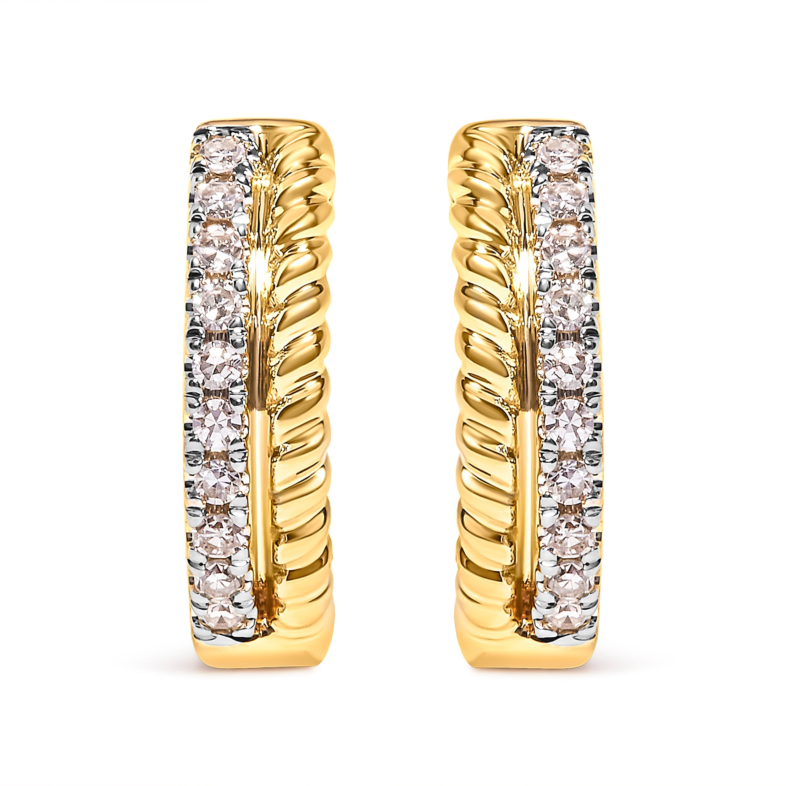 10K Yellow Gold 1/10 Cttw Diamond and Rope Twist Huggie Hoop Earrings (H-I Color, I1-I2 Clarity)