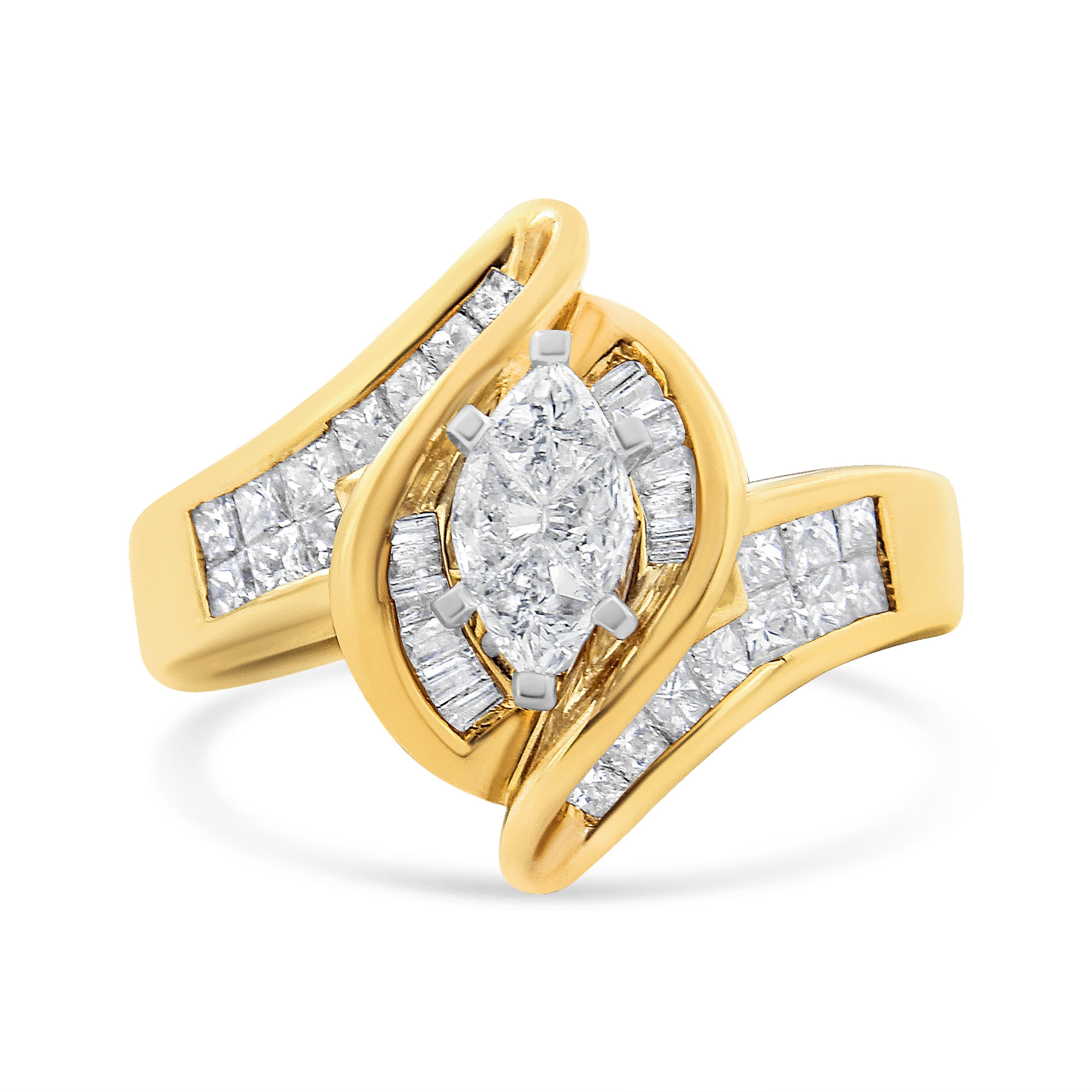 14K Yellow Gold Princess, Baguette, and Pie Cut Diamond Marquise Shaped Ring (1 1/4 Cttw, G-H Color, SI1-SI2 Clarity) - Size 5-1/2