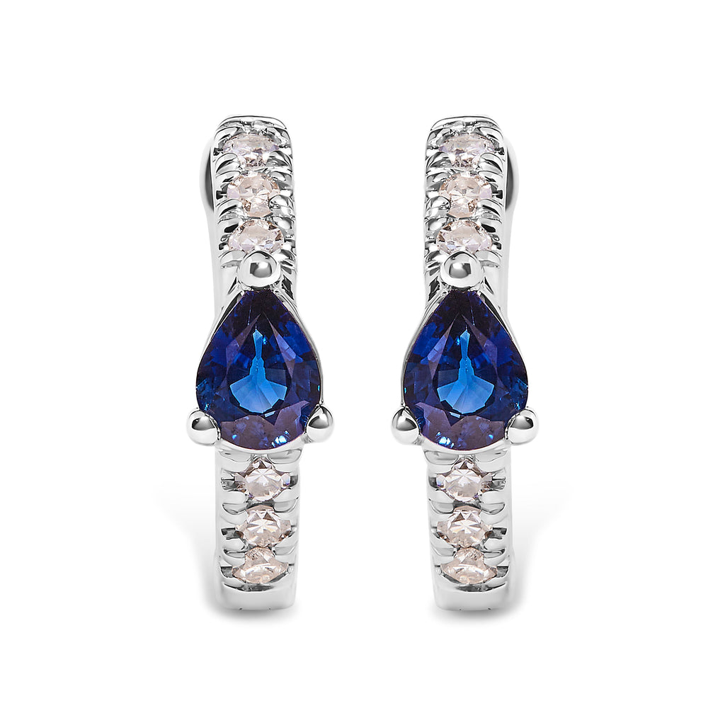10K White Gold Pear-Shaped Blue Sapphire and 1/10 Carat Total Weight Diamond Huggie Hoop Earrings (H-I Color, I1-I2 Clarity)