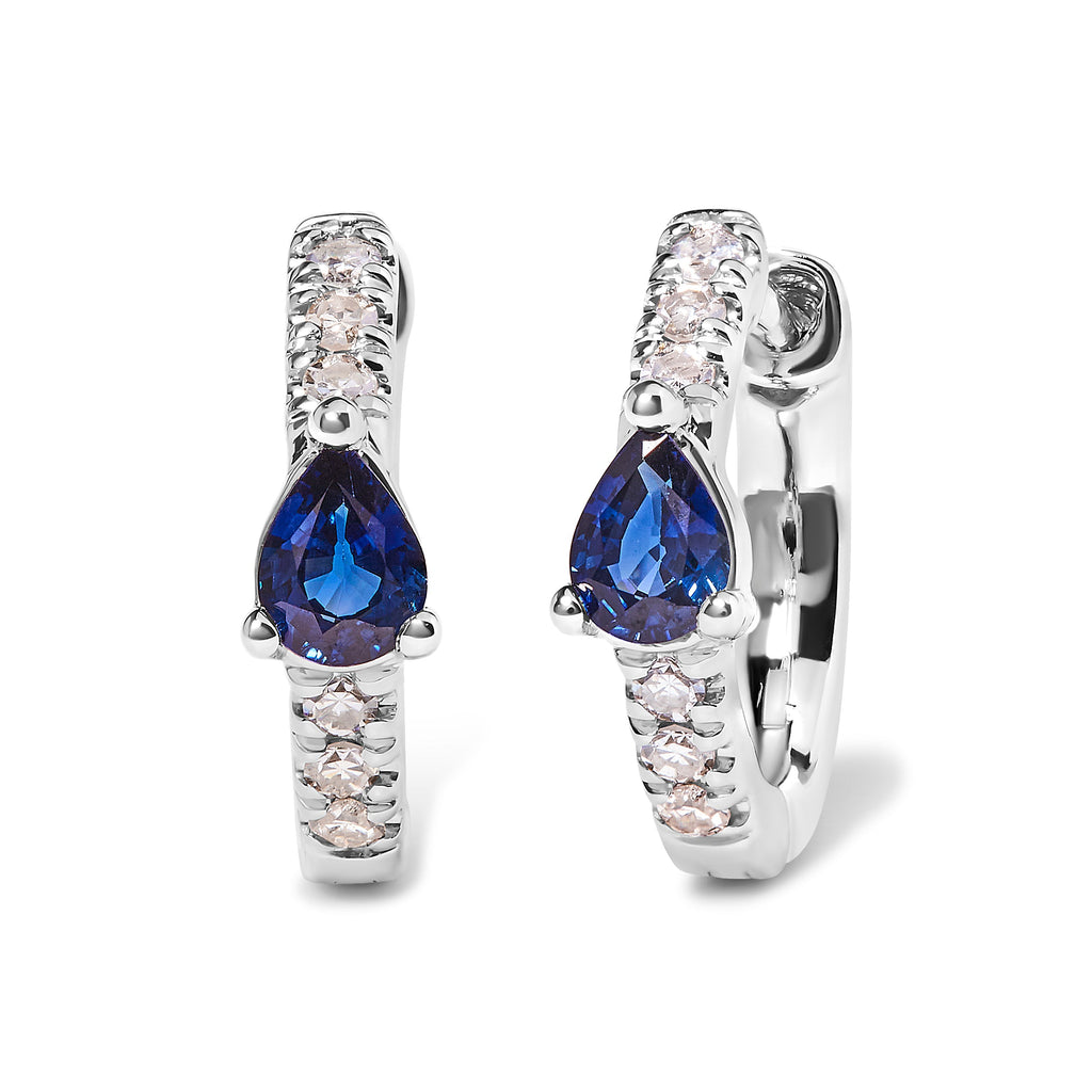 10K White Gold Pear-Shaped Blue Sapphire and 1/10 Carat Total Weight Diamond Huggie Hoop Earrings (H-I Color, I1-I2 Clarity)