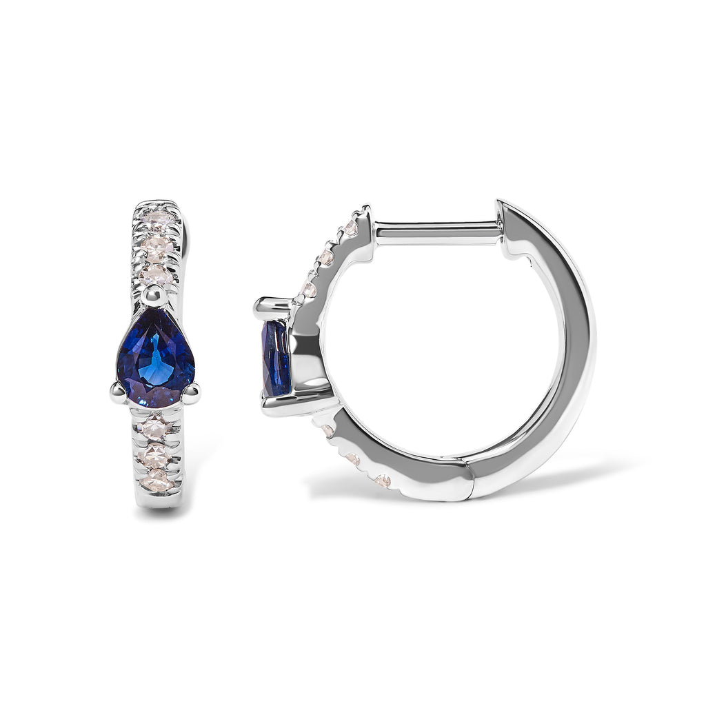 10K White Gold Pear-Shaped Blue Sapphire and 1/10 Carat Total Weight Diamond Huggie Hoop Earrings (H-I Color, I1-I2 Clarity)