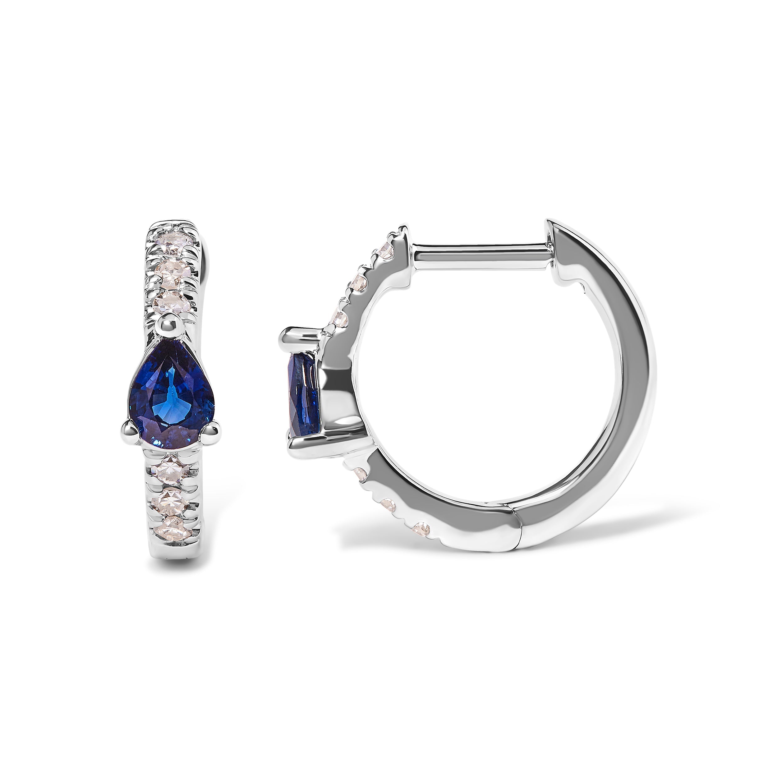 10K White Gold Pear-Shaped Blue Sapphire and 1/10 Carat Total Weight Diamond Huggie Hoop Earrings (H-I Color, I1-I2 Clarity)