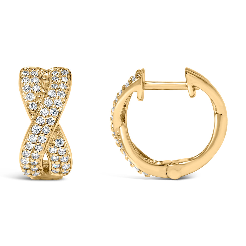 14K Yellow Gold 1/3 Carat Total Weight Diamond Criss Cross Huggie Hoop Earrings (G-H Color, SI2-I1 Clarity)