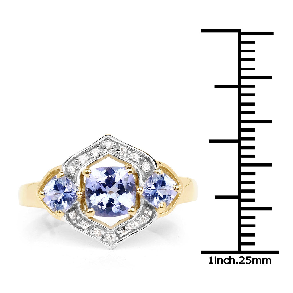 14K Yellow Gold Plated 1.58 Carat Genuine Tanzanite and White Topaz .925 Sterling Silver Ring