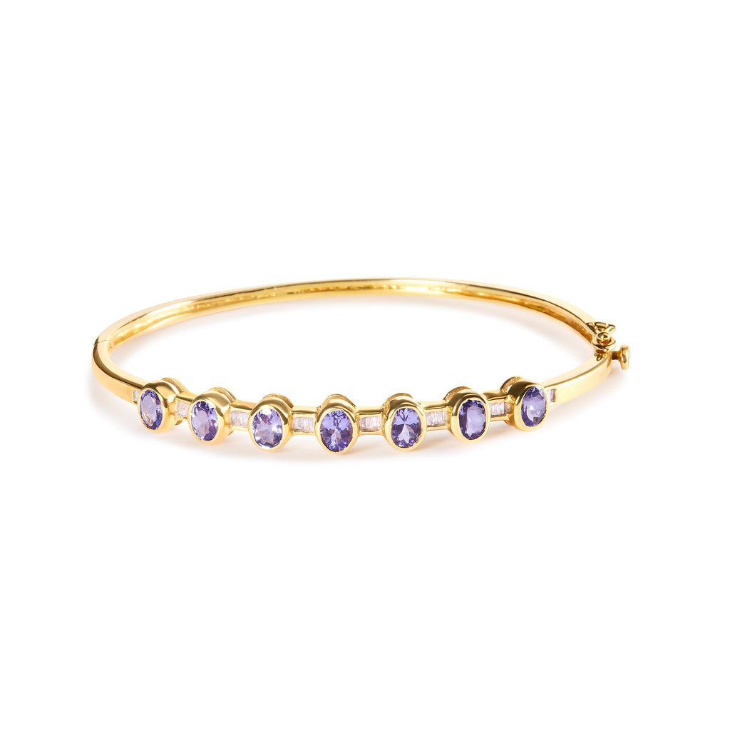 14K Yellow Gold Alternating Bezel Set 5MM Oval Shaped Tanzanite and 1/5 Cttw Diamond Bangle Bracelet (H-I Color, VS2-SI1 Clarity) - Fits wrists up to 7.25" Inches