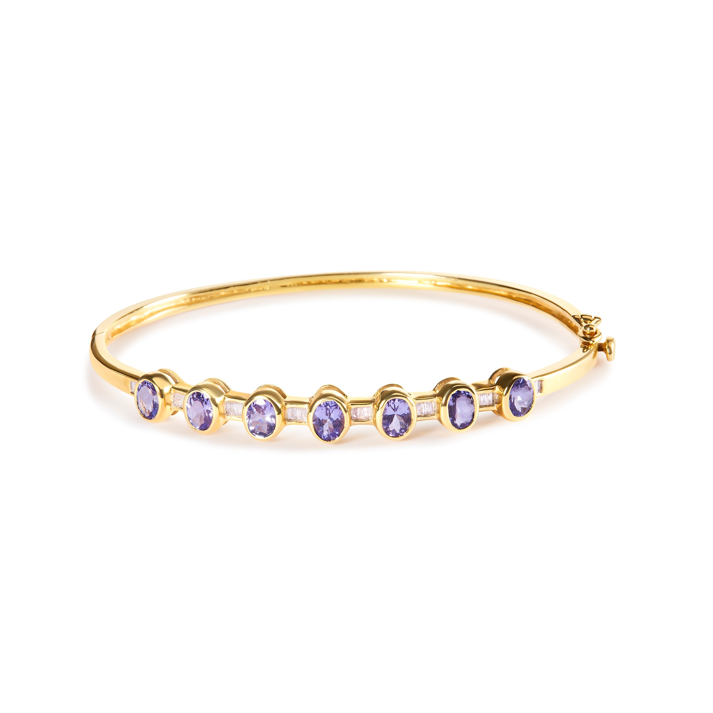 14K Yellow Gold Alternating Bezel Set 5MM Oval Shaped Tanzanite and 1/5 Cttw Diamond Bangle Bracelet (H-I Color, VS2-SI1 Clarity) - Fits wrists up to 7.25" Inches