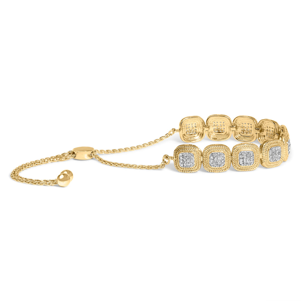 14k Yellow Gold Plated .925 Sterling 5/8 Cttw Diamond Composite Cushion Frame 4"-10" Adjustable Bolo Bracelet (G-H Color, I1-I2 Clarity)
