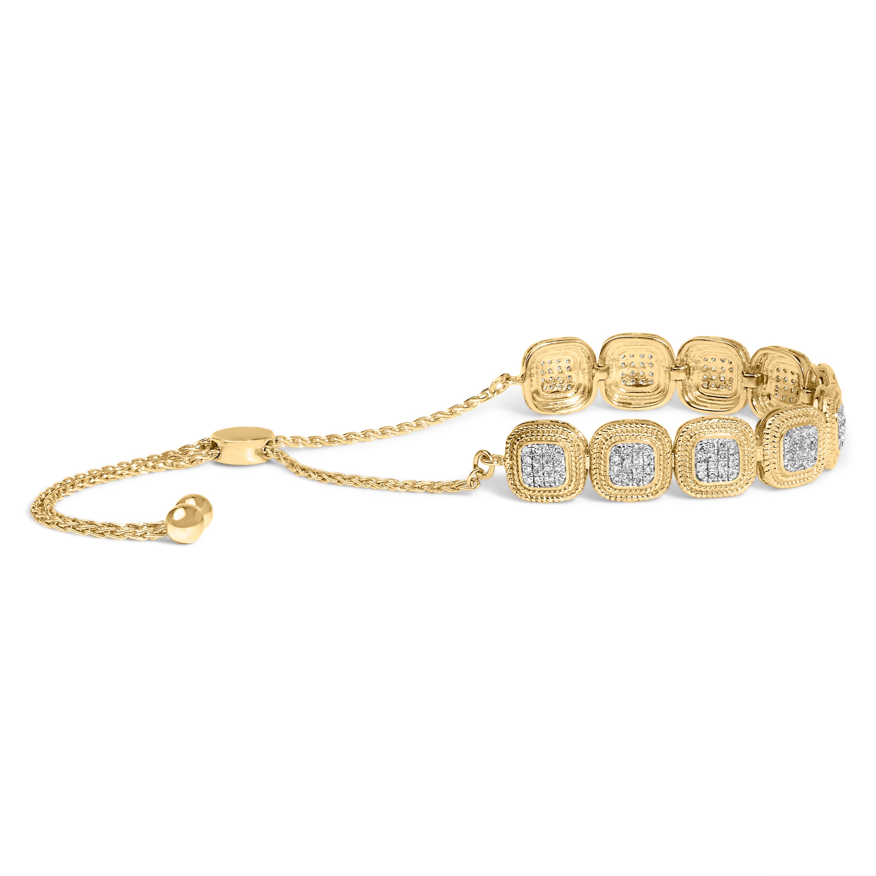 14k Yellow Gold Plated .925 Sterling 5/8 Cttw Diamond Composite Cushion Frame 4"-10" Adjustable Bolo Bracelet (G-H Color, I1-I2 Clarity)