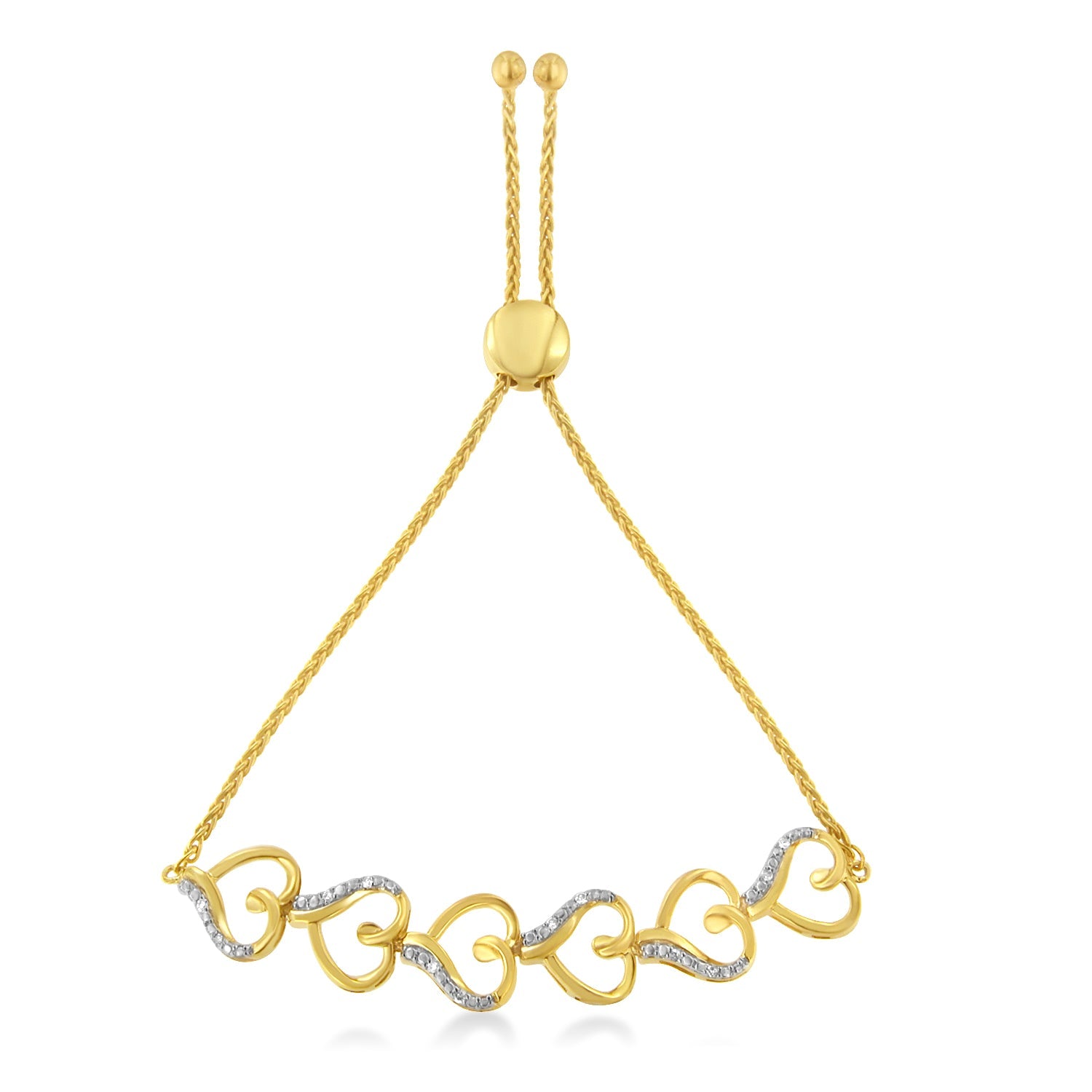 10K Yellow Gold over .925 Sterling Silver Diamond Accented Open Hearts 6â€-9â€ Adjustable Chain Bolo Bracelet