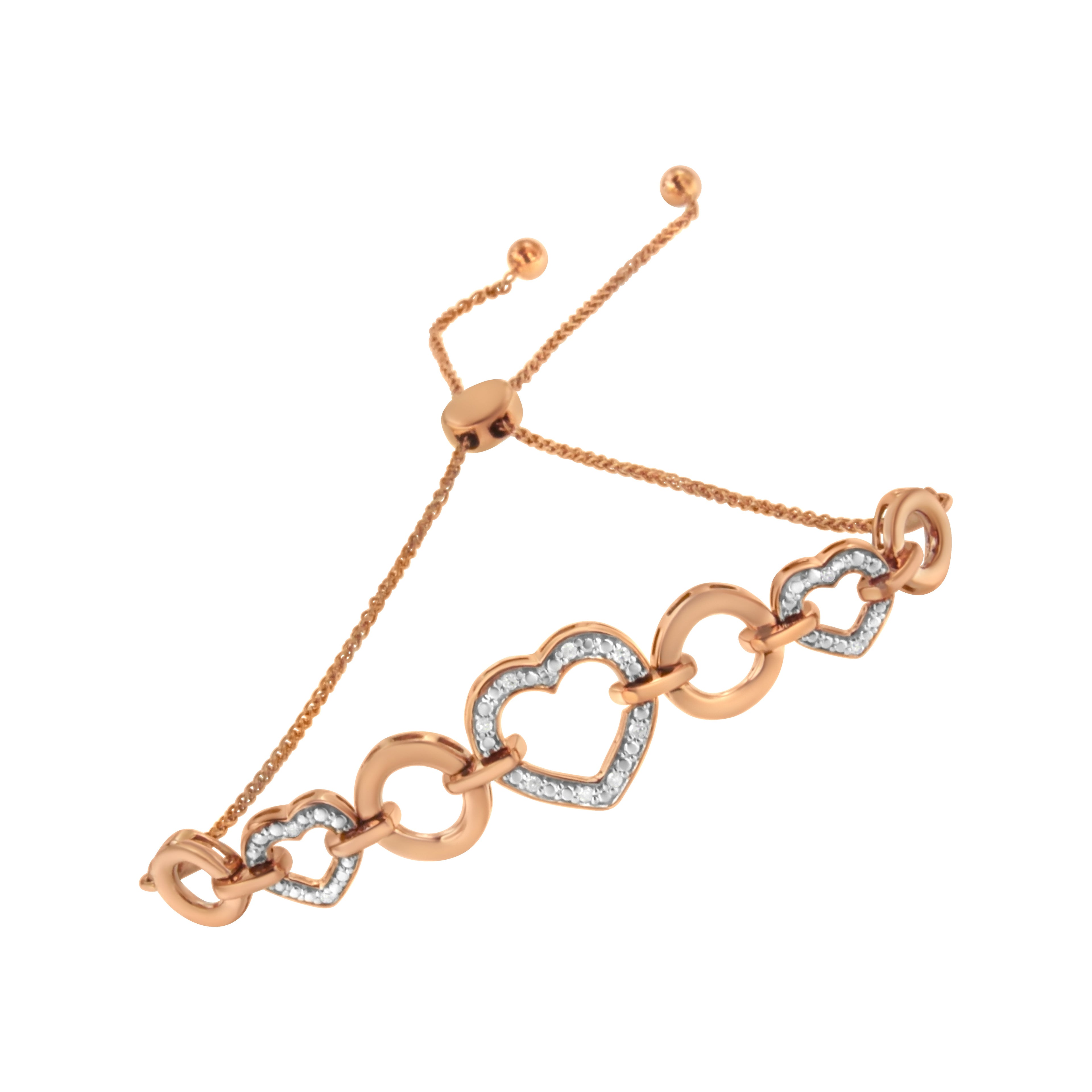 14K Rose Gold Plated .925 Sterling Silver Diamond Accent Circle and Heart Link Adjustable 6"-10" Bolo Bracelet (I-J Color, I3 Clarity)