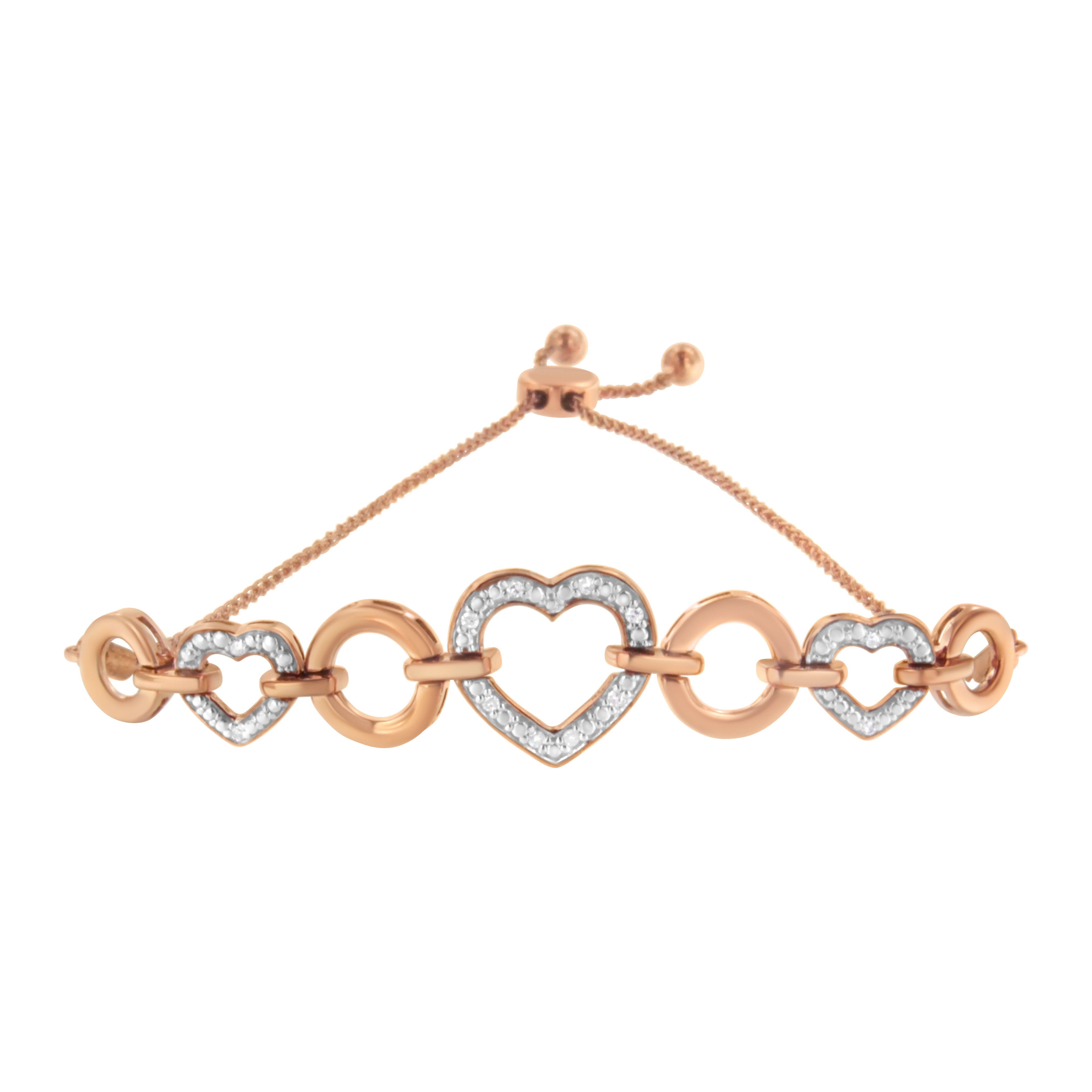 14K Rose Gold Plated .925 Sterling Silver Diamond Accent Circle and Heart Link Adjustable 6"-10" Bolo Bracelet (I-J Color, I3 Clarity)