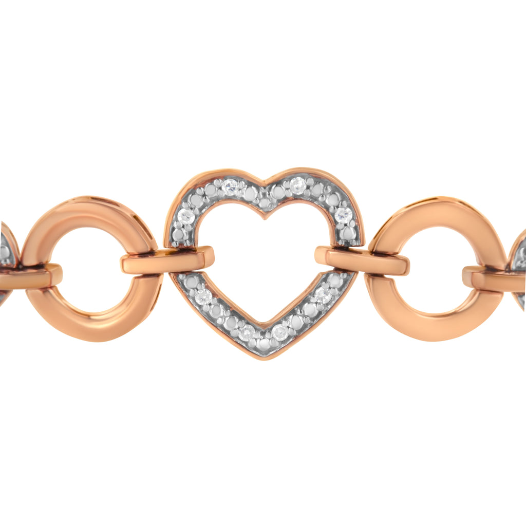 14K Rose Gold Plated .925 Sterling Silver Diamond Accent Circle and Heart Link Adjustable 6"-10" Bolo Bracelet (I-J Color, I3 Clarity)