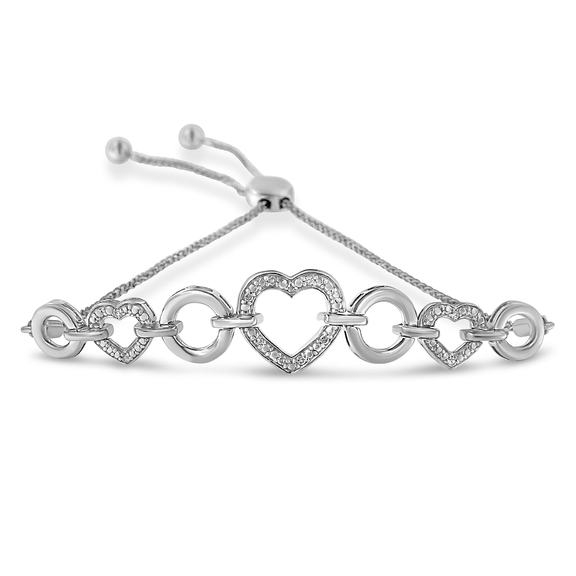 .925 Sterling Silver Diamond Accent Interlinking Triple Heart 4"-10" Adjustable Bolo Tennis Bracelet (H-I Color, I2-I3 Clarity)
