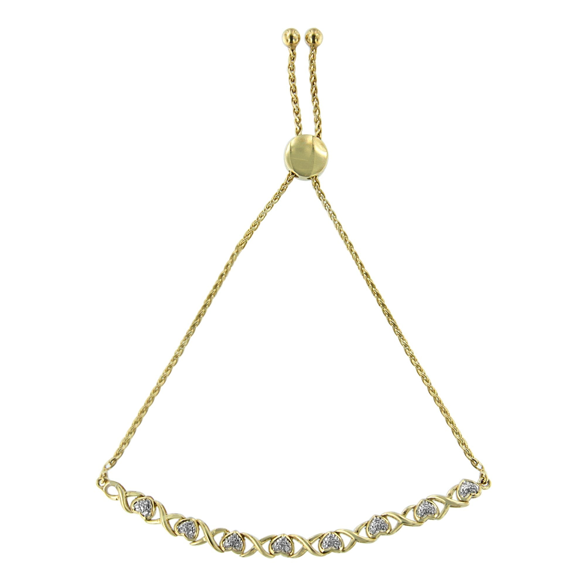 10K Yellow Gold over .925 Sterling Silver 1/10 Cttw Diamond Heart and X-Link 6"-9" Adjustable Bolo Bracelet (H-I Color, I2-I3 Clarity)