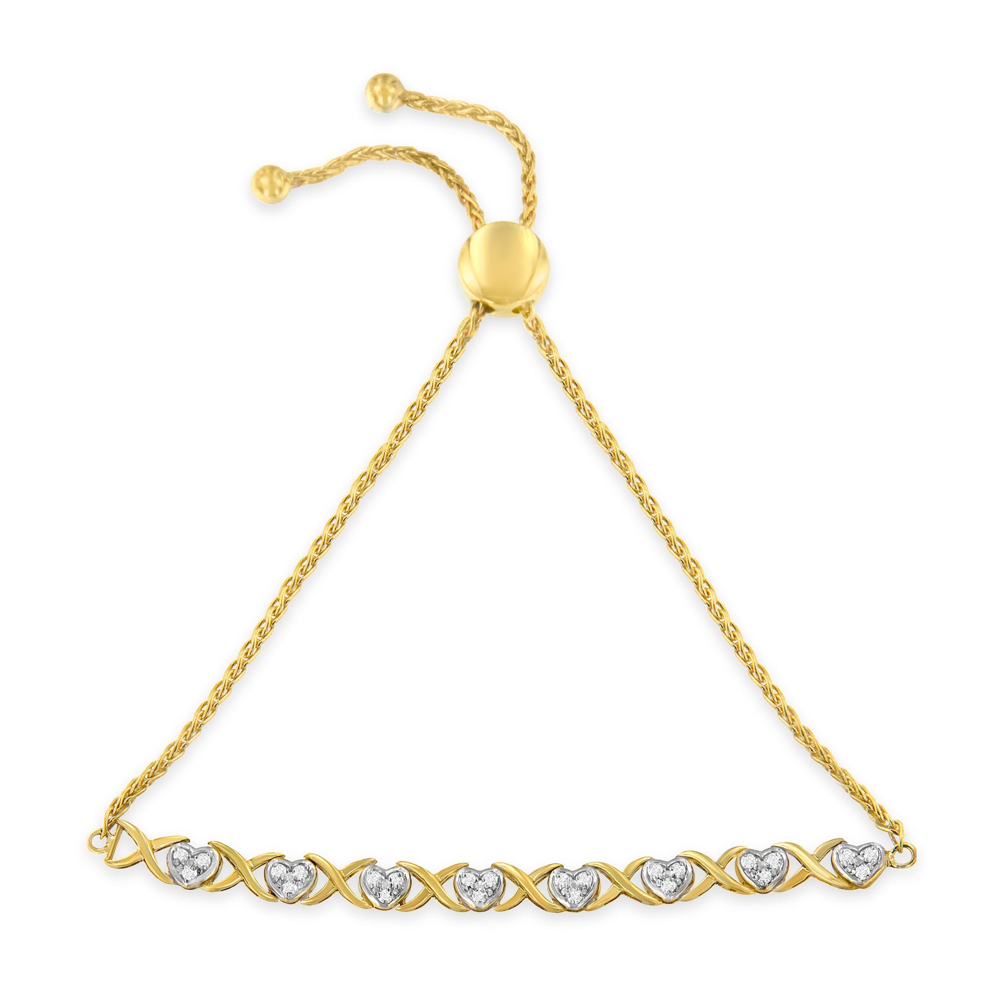 10K Yellow Gold over .925 Sterling Silver 1/10 Cttw Diamond Heart and X-Link 6"-9" Adjustable Bolo Bracelet (H-I Color, I2-I3 Clarity)
