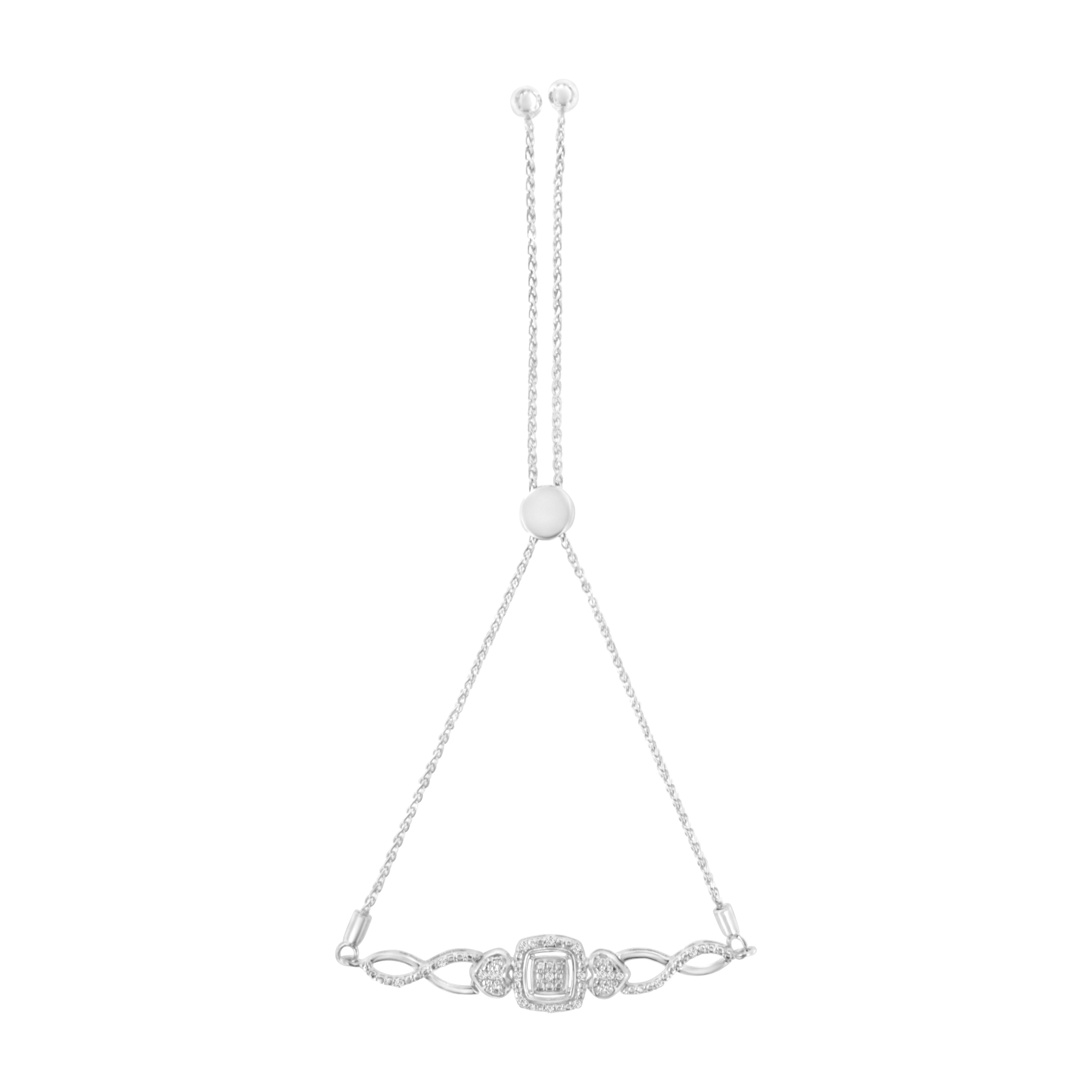 .925 Sterling Silver Diamond Cushion Frame Heart-Sides Twist 4"-10" Adjustable Bolo Tennis Bolo Bracelet (I-J Color, I3 Clarity)