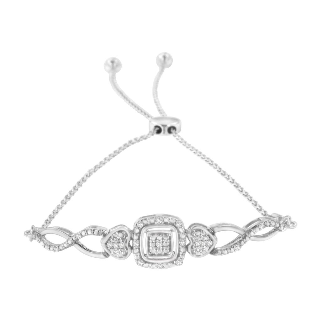 .925 Sterling Silver Diamond Cushion Frame Heart-Sides Twist 4"-10" Adjustable Bolo Tennis Bolo Bracelet (I-J Color, I3 Clarity)